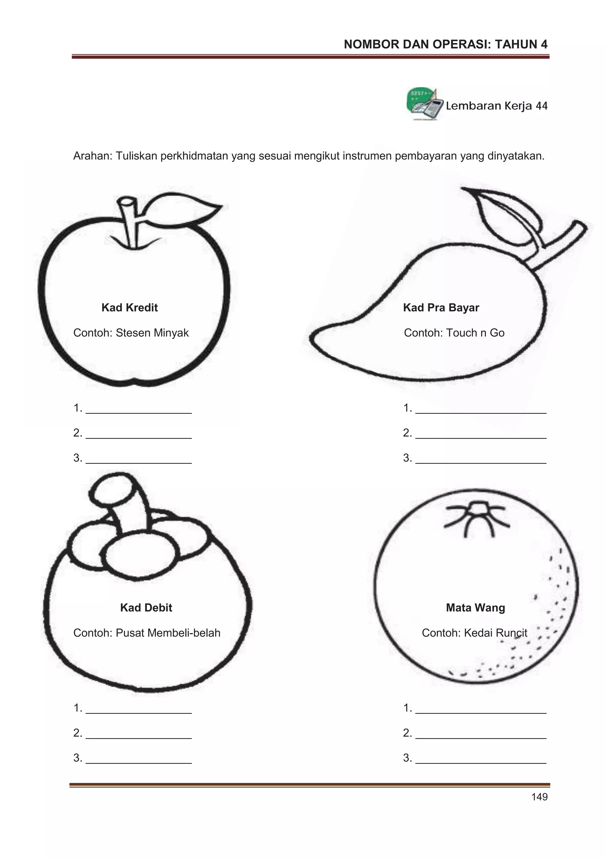 NOMBOR DAN OPERASI: TAHUN 4
149
Lembaran Kerja 44
Arahan: Tuliskan perkhidmatan yang sesuai mengikut instrumen pembayaran yang dinyatakan.
Kad Kredit Kad Pra Bayar
Contoh: Stesen Minyak Contoh: Touch n Go
1. _________________ 1. _____________________
2. _________________ 2. _____________________
3. _________________ 3. _____________________
Kad Debit Mata Wang
Contoh: Pusat Membeli-belah Contoh: Kedai Runcit
1. _________________ 1. _____________________
2. _________________ 2. _____________________
3. _________________ 3. _____________________
 