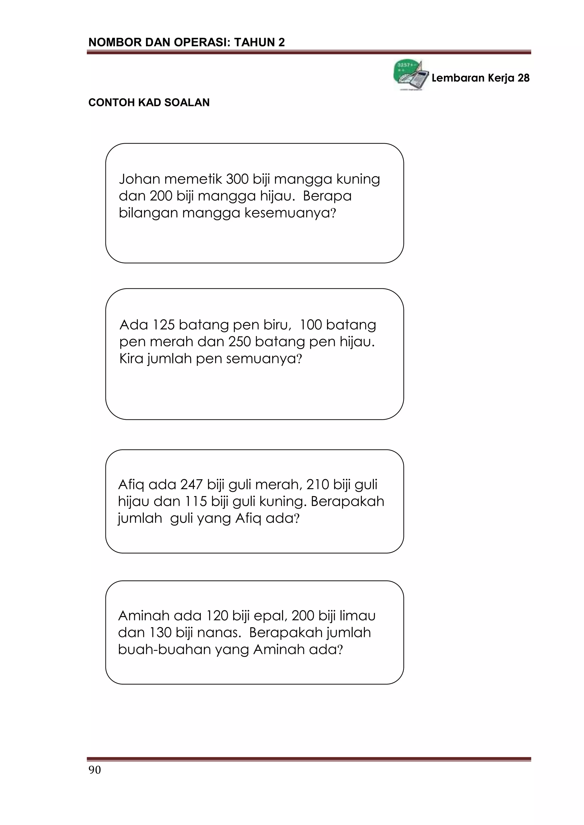 NOMBOR DAN OPERASI: TAHUN 2
90
Lembaran Kerja 28
CONTOH KAD SOALAN
Johan memetik 300 biji mangga kuning
dan 200 biji mangga hijau. Berapa
bilangan mangga kesemuanya?
Ada 125 batang pen biru, 100 batang
pen merah dan 250 batang pen hijau.
Kira jumlah pen semuanya?
Afiq ada 247 biji guli merah, 210 biji guli
hijau dan 115 biji guli kuning. Berapakah
jumlah guli yang Afiq ada?
Aminah ada 120 biji epal, 200 biji limau
dan 130 biji nanas. Berapakah jumlah
buah-buahan yang Aminah ada?
 