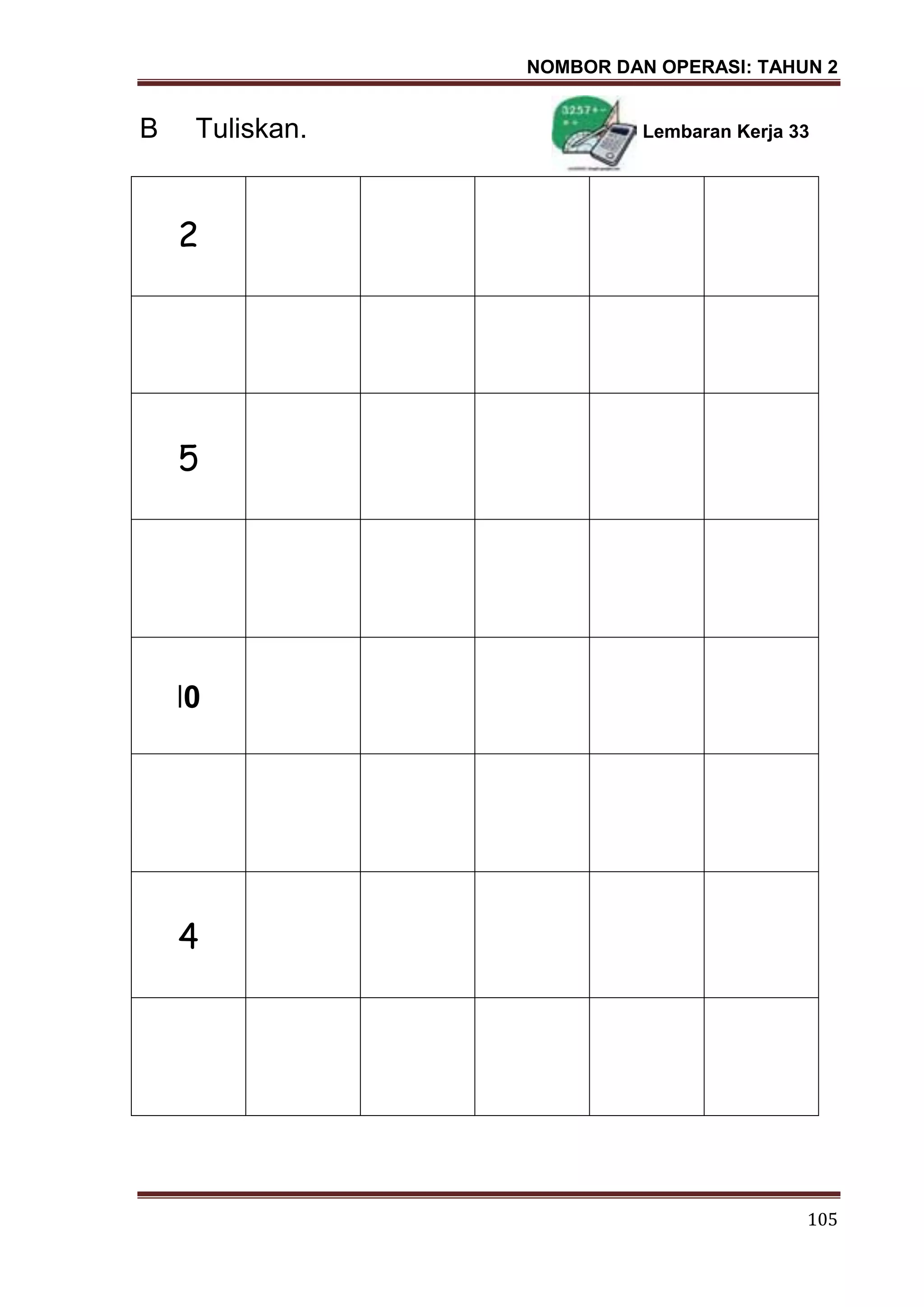 NOMBOR DAN OPERASI: TAHUN 2
105
B Tuliskan. Lembaran Kerja 33
2
5
І0
4
 