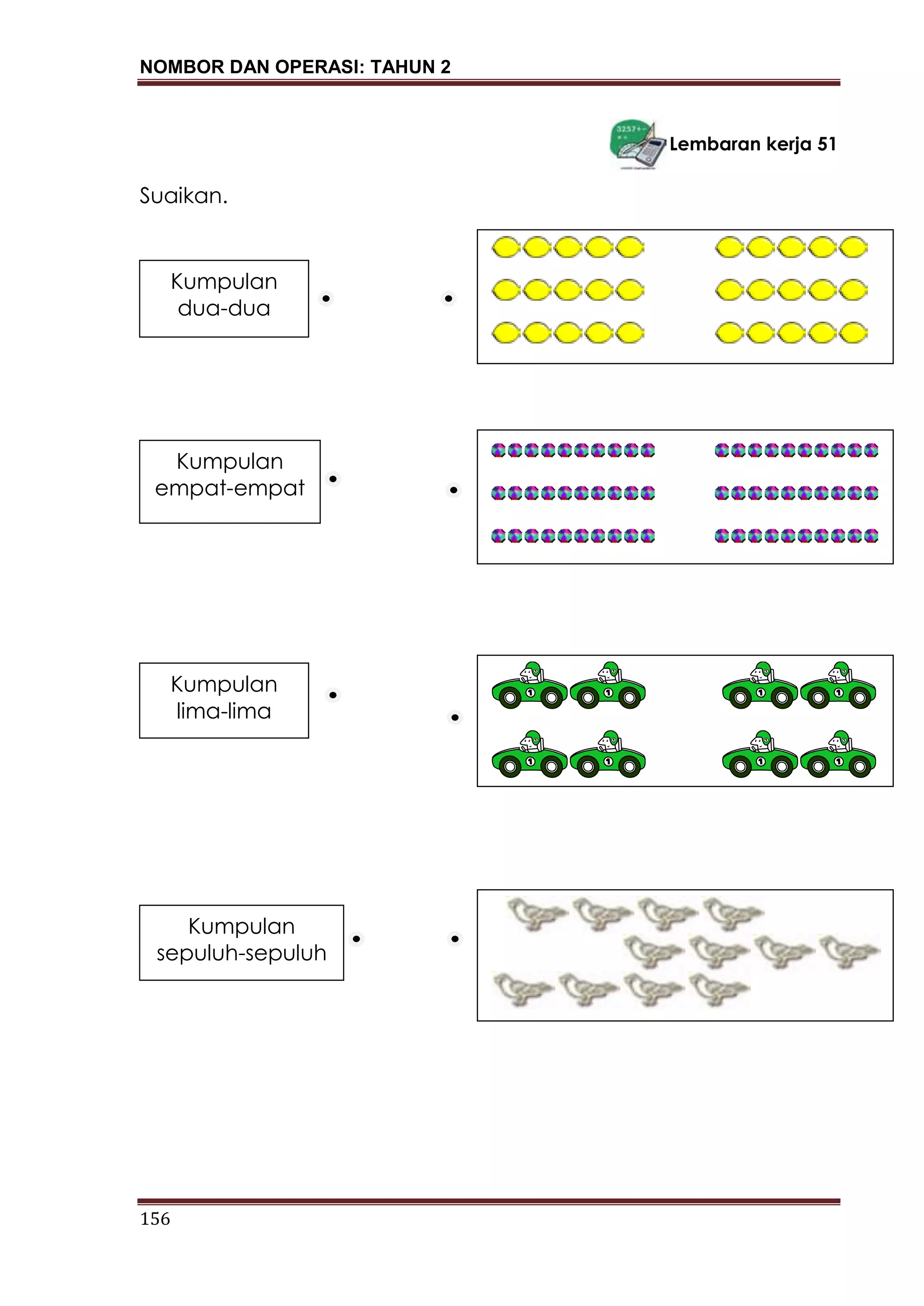 NOMBOR DAN OPERASI: TAHUN 2
156
Lembaran kerja 51
Suaikan.
Kumpulan
dua-dua
Kumpulan
sepuluh-sepuluh
Kumpulan
lima-lima
Kumpulan
empat-empat
 
