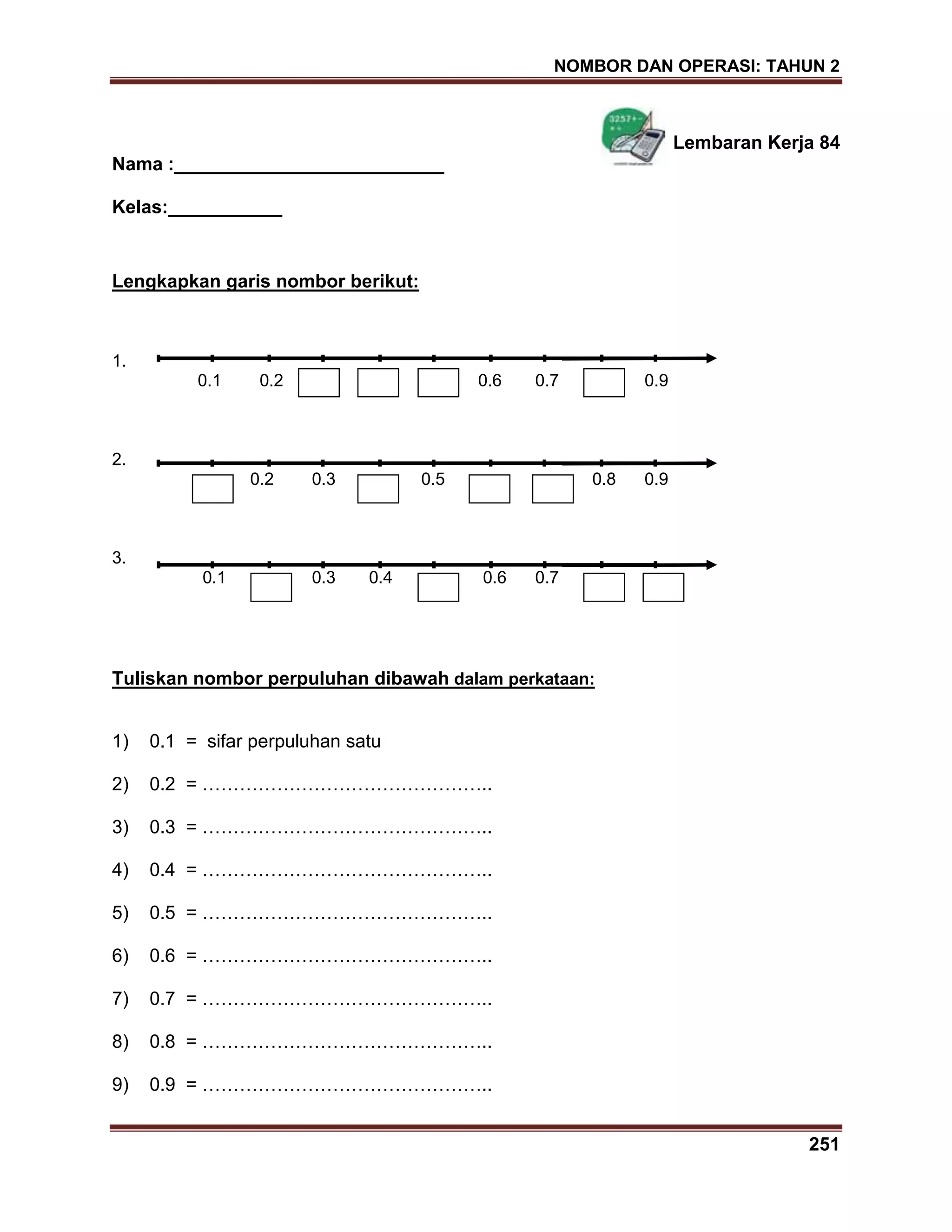NOMBOR DAN OPERASI: TAHUN 2
251
Lembaran Kerja 84
Nama :__________________________
Kelas:___________
Lengkapkan garis nombor berikut:
1.
0.1 0.2 0.6 0.7 0.9
2.
0.2 0.3 0.5 0.8 0.9
3.
0.1 0.3 0.4 0.6 0.7
Tuliskan nombor perpuluhan dibawah dalam perkataan:
1) 0.1 = sifar perpuluhan satu
2) 0.2 = ………………………………………..
3) 0.3 = ………………………………………..
4) 0.4 = ………………………………………..
5) 0.5 = ………………………………………..
6) 0.6 = ………………………………………..
7) 0.7 = ………………………………………..
8) 0.8 = ………………………………………..
9) 0.9 = ………………………………………..
 