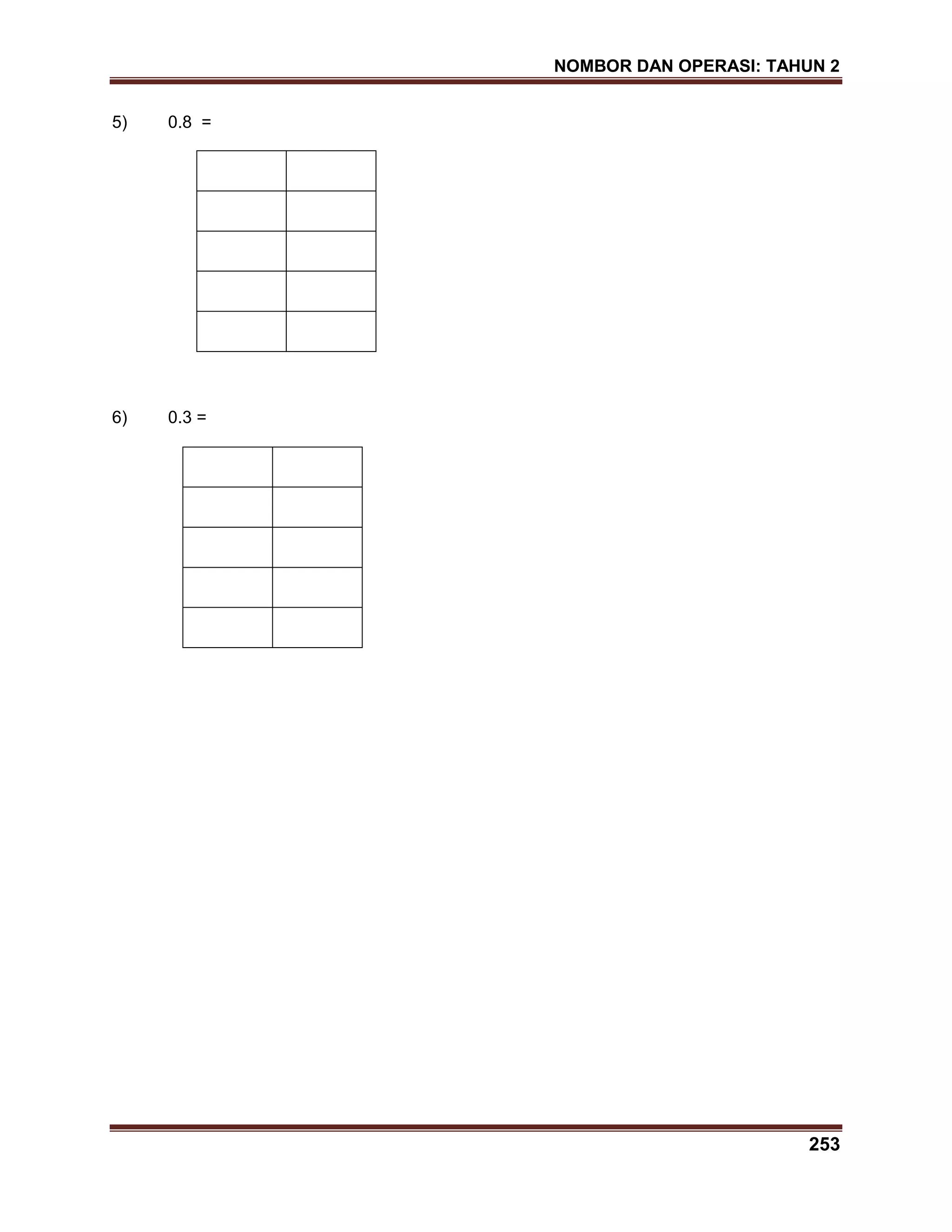 NOMBOR DAN OPERASI: TAHUN 2
253
5) 0.8 =
6) 0.3 =
 