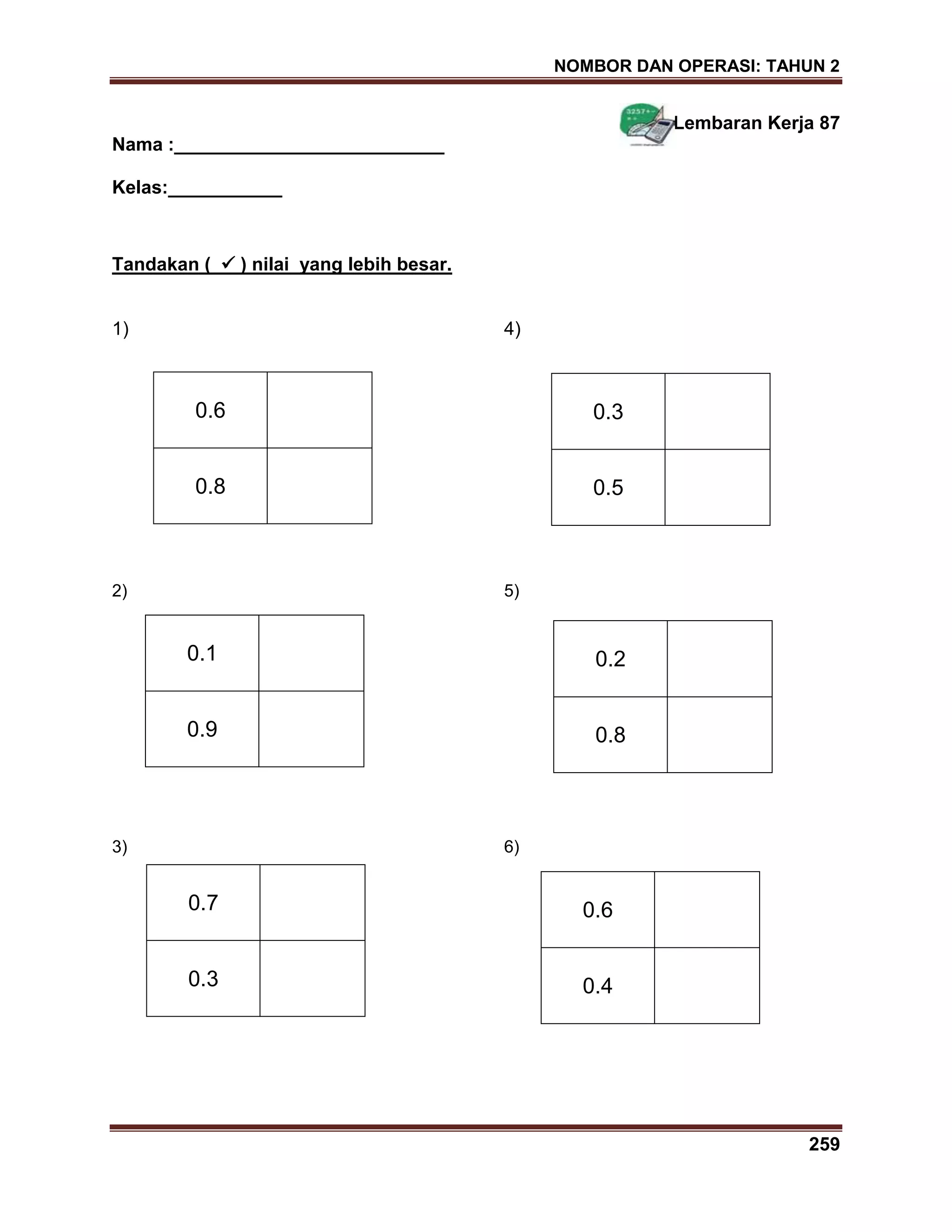 NOMBOR DAN OPERASI: TAHUN 2
259
Lembaran Kerja 87
Nama :__________________________
Kelas:___________
Tandakan (  ) nilai yang lebih besar.
1) 4)
2) 5)
3) 6)
0.3
0.5
0.6
0.8
0.6
0.4
0.1
0.9
0.2
0.8
0.7
0.3
 