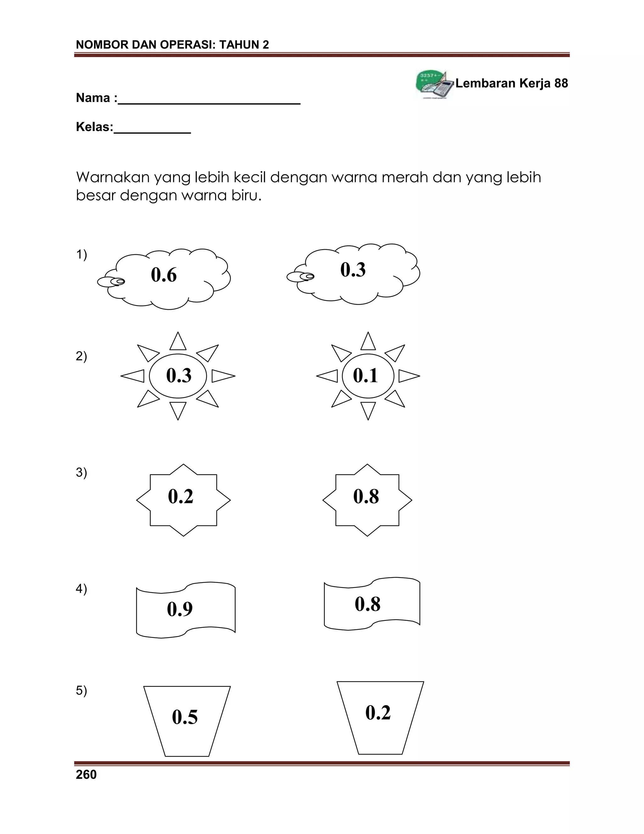 NOMBOR DAN OPERASI: TAHUN 2
260
Lembaran Kerja 88
Nama :__________________________
Kelas:___________
Warnakan yang lebih kecil dengan warna merah dan yang lebih
besar dengan warna biru.
1)
2)
3)
4)
5)
0.6
0.3 0.1
0.2 0.8
0.9 0.8
0.5 0.2
0.3
 