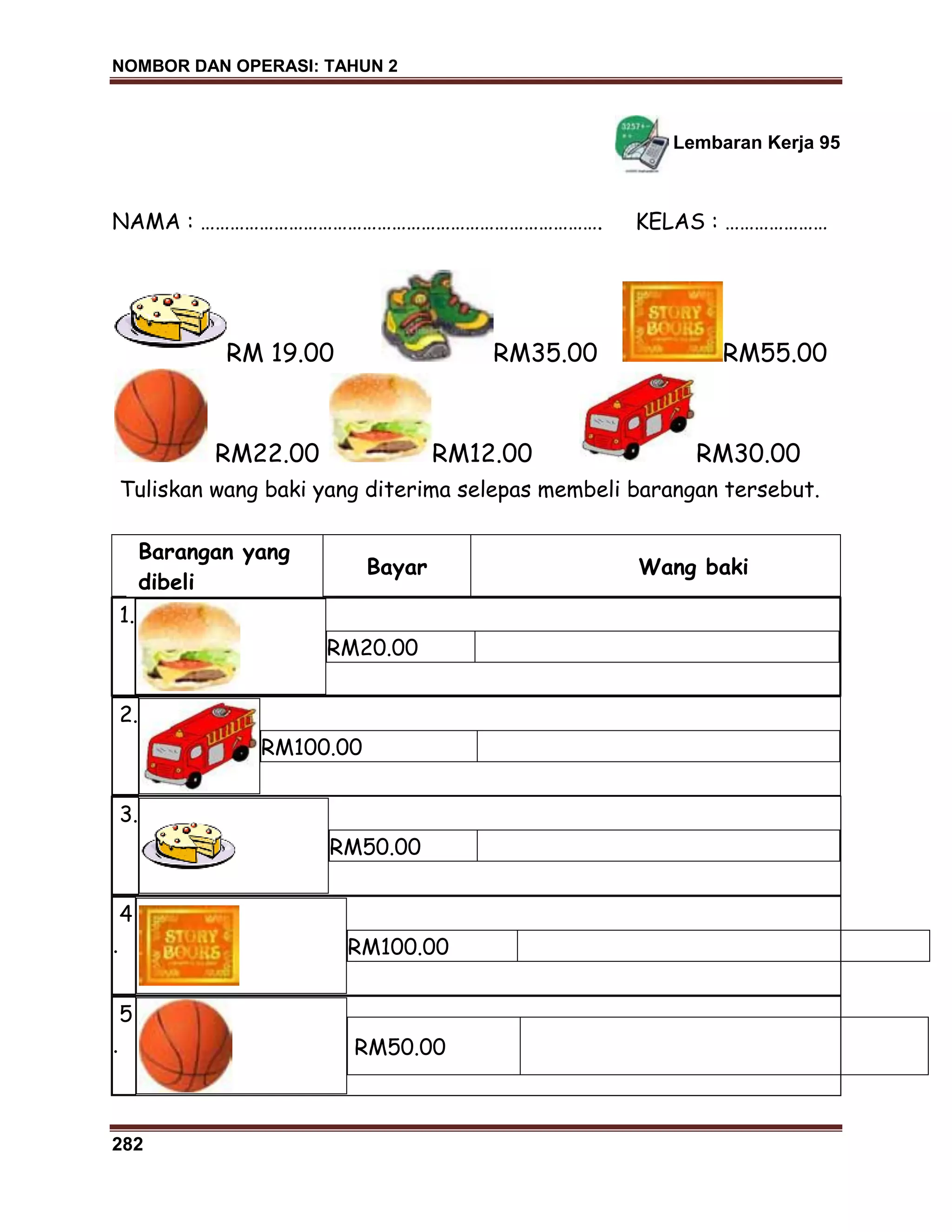 NOMBOR DAN OPERASI: TAHUN 2
282
Lembaran Kerja 95
NAMA : ………………………………………………………………………. KELAS : …………………
RM 19.00 RM35.00 RM55.00
RM22.00 RM12.00 RM30.00
Tuliskan wang baki yang diterima selepas membeli barangan tersebut.
Barangan yang
dibeli
Bayar Wang baki
1.
RM20.00
2.
RM100.00
3.
RM50.00
4
. RM100.00
5
. RM50.00
 