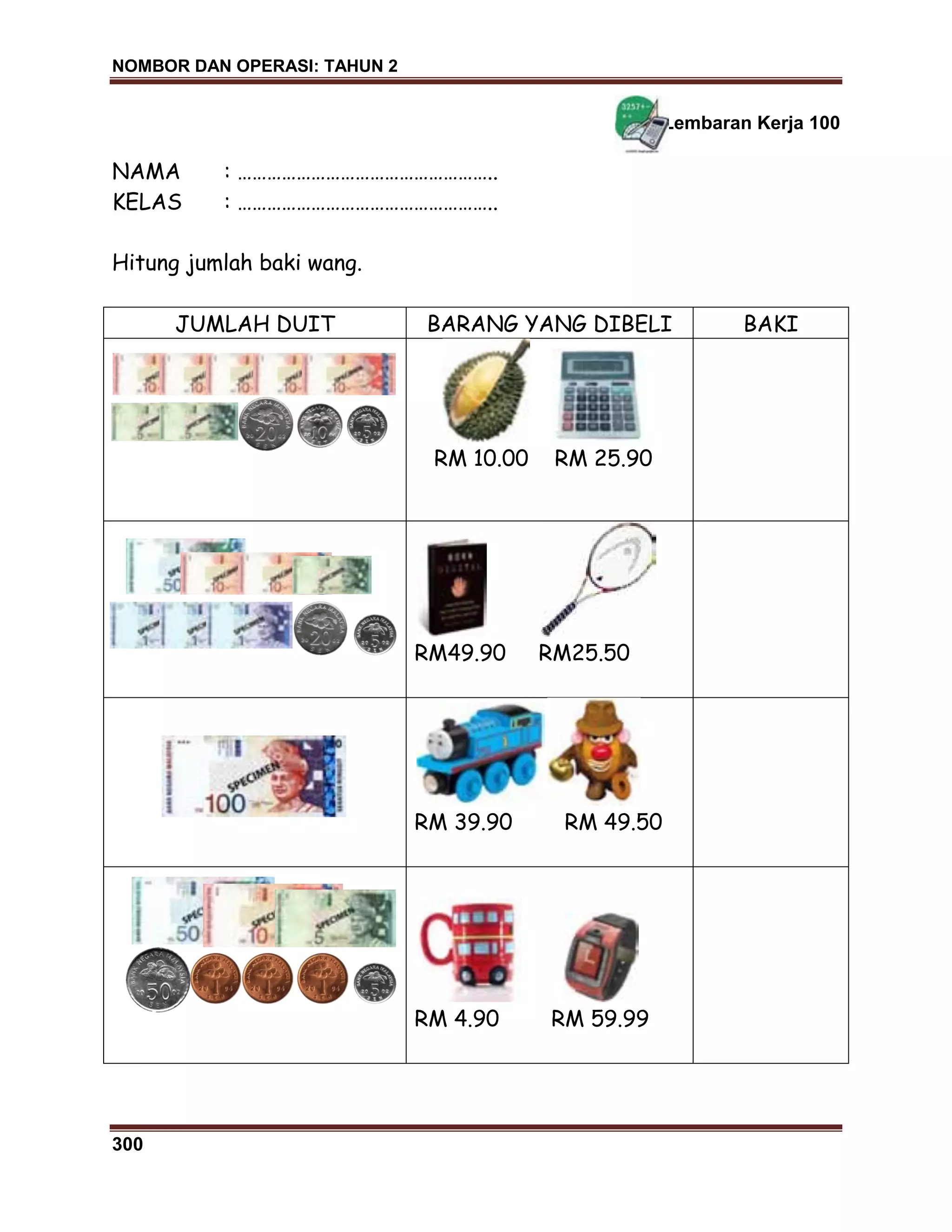 NOMBOR DAN OPERASI: TAHUN 2
300
Lembaran Kerja 100
NAMA : ……………………………………………..
KELAS : ……………………………………………..
Hitung jumlah baki wang.
JUMLAH DUIT BARANG YANG DIBELI BAKI
RM 10.00 RM 25.90
RM49.90 RM25.50
RM 39.90 RM 49.50
RM 4.90 RM 59.99
 