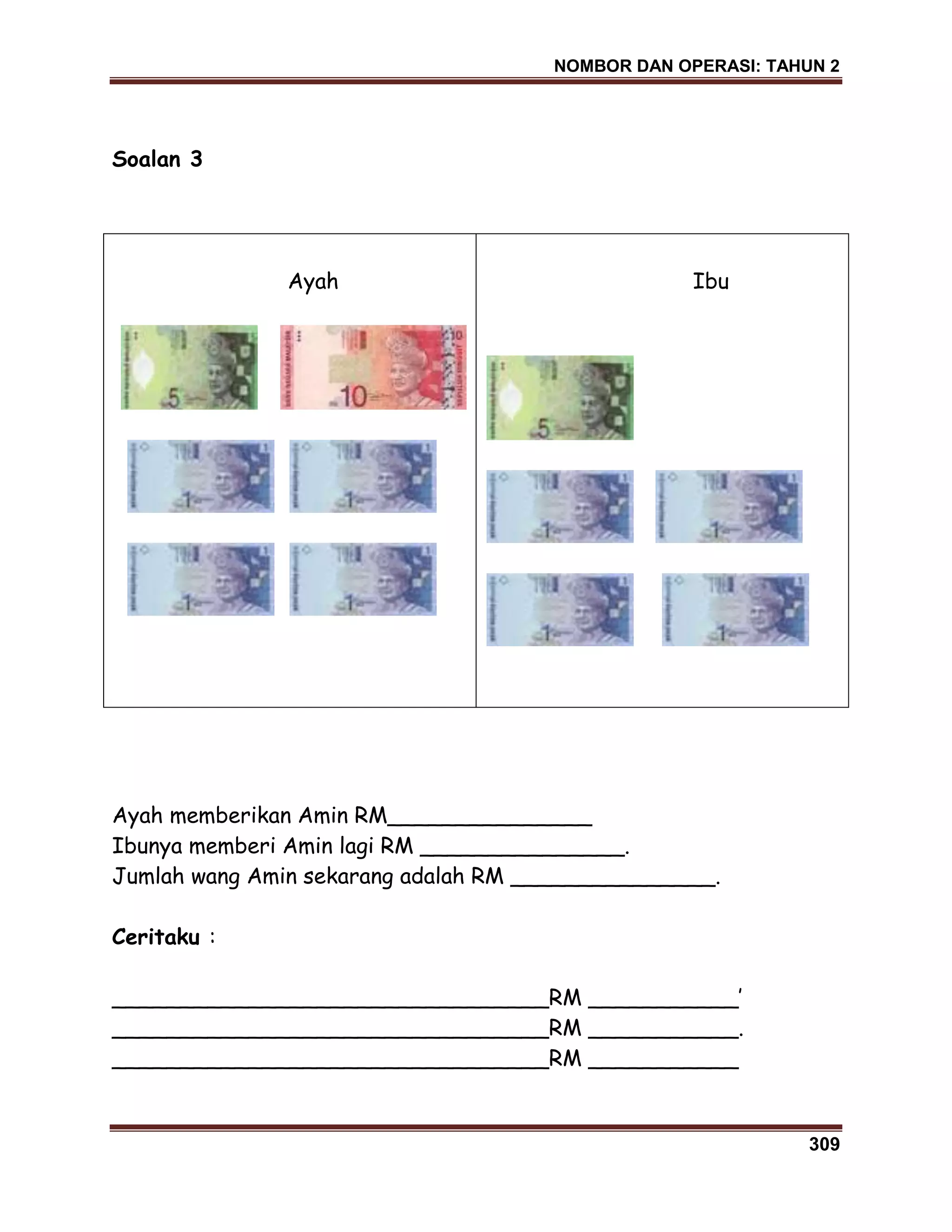 NOMBOR DAN OPERASI: TAHUN 2
309
Soalan 3
Ayah Ibu
Ayah memberikan Amin RM_______________
Ibunya memberi Amin lagi RM _______________.
Jumlah wang Amin sekarang adalah RM _______________.
Ceritaku :
________________________________RM ___________’
________________________________RM ___________.
________________________________RM ___________
 