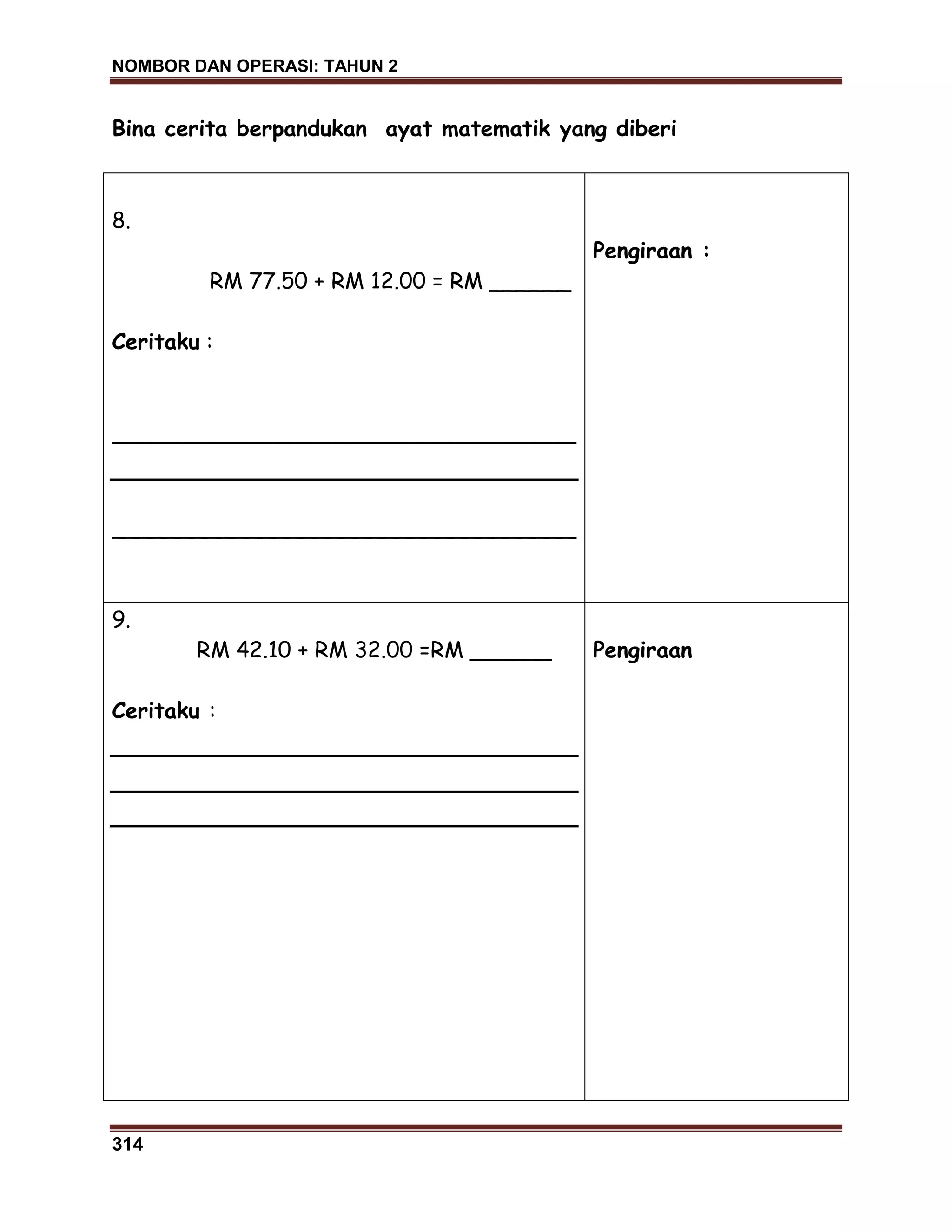 NOMBOR DAN OPERASI: TAHUN 2
314
Bina cerita berpandukan ayat matematik yang diberi
8.
RM 77.50 + RM 12.00 = RM ______
Ceritaku :
__________________________________
__________________________________
Pengiraan :
9.
RM 42.10 + RM 32.00 =RM ______
Ceritaku :
Pengiraan
 