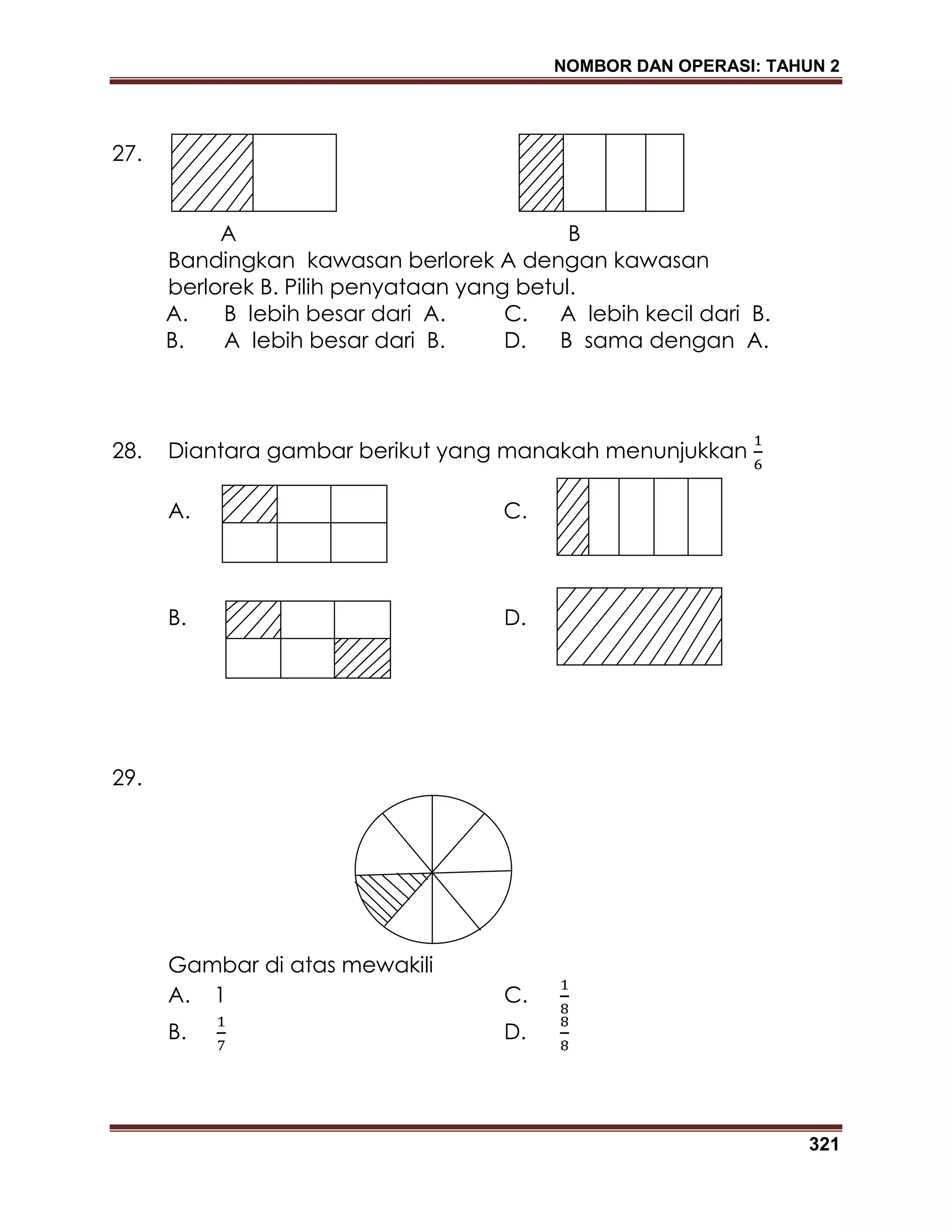 NOMBOR DAN OPERASI: TAHUN 2
321
27.
A B
Bandingkan kawasan berlorek A dengan kawasan
berlorek B. Pilih penyataan yang betul.
A. B lebih besar dari A. C. A lebih kecil dari B.
B. A lebih besar dari B. D. B sama dengan A.
28. Diantara gambar berikut yang manakah menunjukkan
A. C.
B. D.
29.
Gambar di atas mewakili
A. 1 C.
B. D.
 