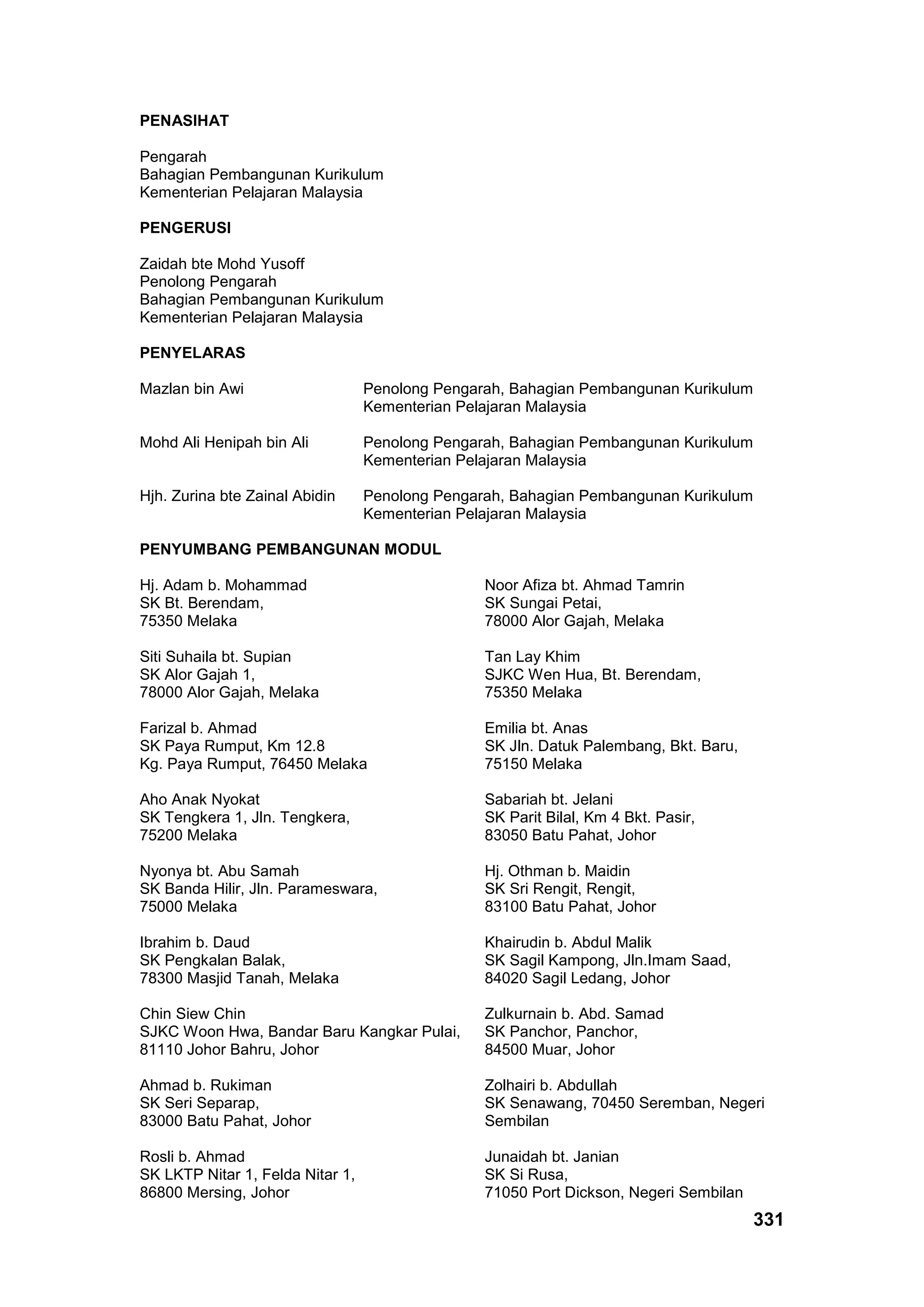 331
PENASIHAT
Pengarah
Bahagian Pembangunan Kurikulum
Kementerian Pelajaran Malaysia
PENGERUSI
Zaidah bte Mohd Yusoff
Penolong Pengarah
Bahagian Pembangunan Kurikulum
Kementerian Pelajaran Malaysia
PENYELARAS
Mazlan bin Awi Penolong Pengarah, Bahagian Pembangunan Kurikulum
Kementerian Pelajaran Malaysia
Mohd Ali Henipah bin Ali Penolong Pengarah, Bahagian Pembangunan Kurikulum
Kementerian Pelajaran Malaysia
Hjh. Zurina bte Zainal Abidin Penolong Pengarah, Bahagian Pembangunan Kurikulum
Kementerian Pelajaran Malaysia
PENYUMBANG PEMBANGUNAN MODUL
Hj. Adam b. Mohammad
SK Bt. Berendam,
75350 Melaka
Noor Afiza bt. Ahmad Tamrin
SK Sungai Petai,
78000 Alor Gajah, Melaka
Siti Suhaila bt. Supian
SK Alor Gajah 1,
78000 Alor Gajah, Melaka
Tan Lay Khim
SJKC Wen Hua, Bt. Berendam,
75350 Melaka
Farizal b. Ahmad
SK Paya Rumput, Km 12.8
Kg. Paya Rumput, 76450 Melaka
Emilia bt. Anas
SK Jln. Datuk Palembang, Bkt. Baru,
75150 Melaka
Aho Anak Nyokat
SK Tengkera 1, Jln. Tengkera,
75200 Melaka
Sabariah bt. Jelani
SK Parit Bilal, Km 4 Bkt. Pasir,
83050 Batu Pahat, Johor
Nyonya bt. Abu Samah
SK Banda Hilir, Jln. Parameswara,
75000 Melaka
Hj. Othman b. Maidin
SK Sri Rengit, Rengit,
83100 Batu Pahat, Johor
Ibrahim b. Daud
SK Pengkalan Balak,
78300 Masjid Tanah, Melaka
Khairudin b. Abdul Malik
SK Sagil Kampong, Jln.Imam Saad,
84020 Sagil Ledang, Johor
Chin Siew Chin
SJKC Woon Hwa, Bandar Baru Kangkar Pulai,
81110 Johor Bahru, Johor
Zulkurnain b. Abd. Samad
SK Panchor, Panchor,
84500 Muar, Johor
Ahmad b. Rukiman
SK Seri Separap,
83000 Batu Pahat, Johor
Zolhairi b. Abdullah
SK Senawang, 70450 Seremban, Negeri
Sembilan
Rosli b. Ahmad
SK LKTP Nitar 1, Felda Nitar 1,
86800 Mersing, Johor
Junaidah bt. Janian
SK Si Rusa,
71050 Port Dickson, Negeri Sembilan
 
