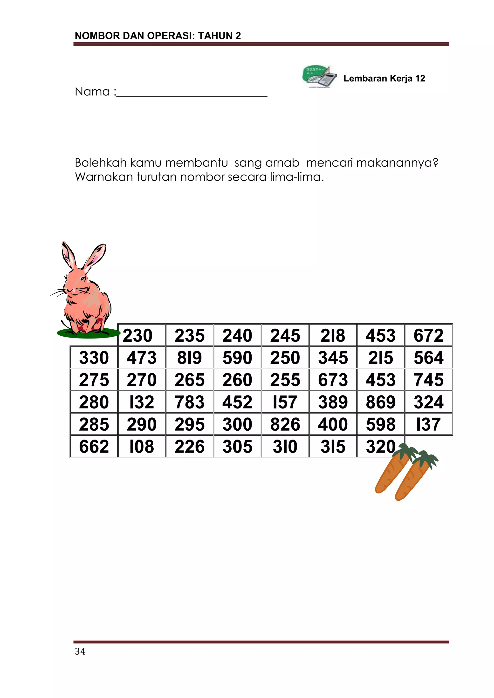 NOMBOR DAN OPERASI: TAHUN 2
34
Lembaran Kerja 12
Nama :__________________________
Bolehkah kamu membantu sang arnab mencari makanannya?
Warnakan turutan nombor secara lima-lima.
230 235 240 245 2I8 453 672
330 473 8I9 590 250 345 2I5 564
275 270 265 260 255 673 453 745
280 I32 783 452 I57 389 869 324
285 290 295 300 826 400 598 I37
662 I08 226 305 3I0 3I5 320
 
