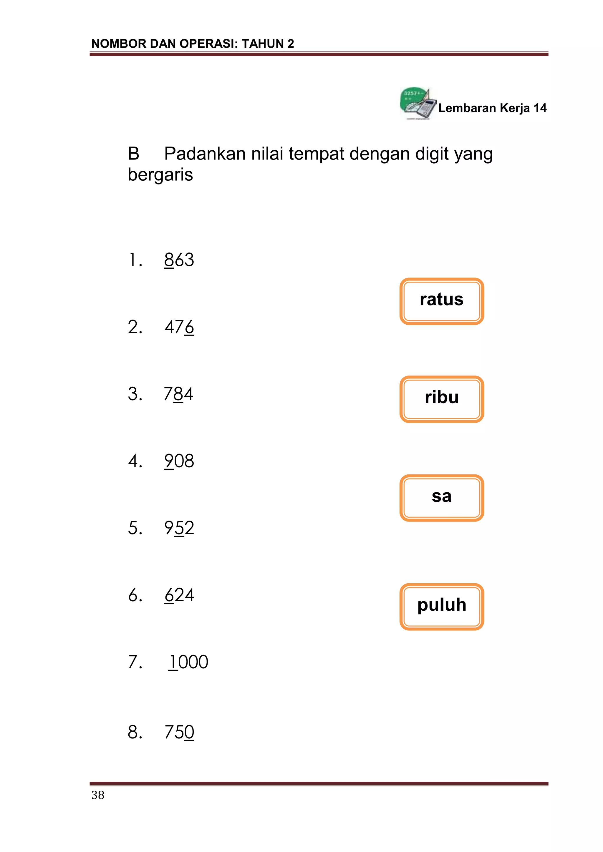 NOMBOR DAN OPERASI: TAHUN 2
38
Lembaran Kerja 14
B Padankan nilai tempat dengan digit yang
bergaris
1. 863
2. 476
3. 784
4. 908
5. 952
6. 624
7. 1000
8. 750
ratus
ribu
sa
puluh
 