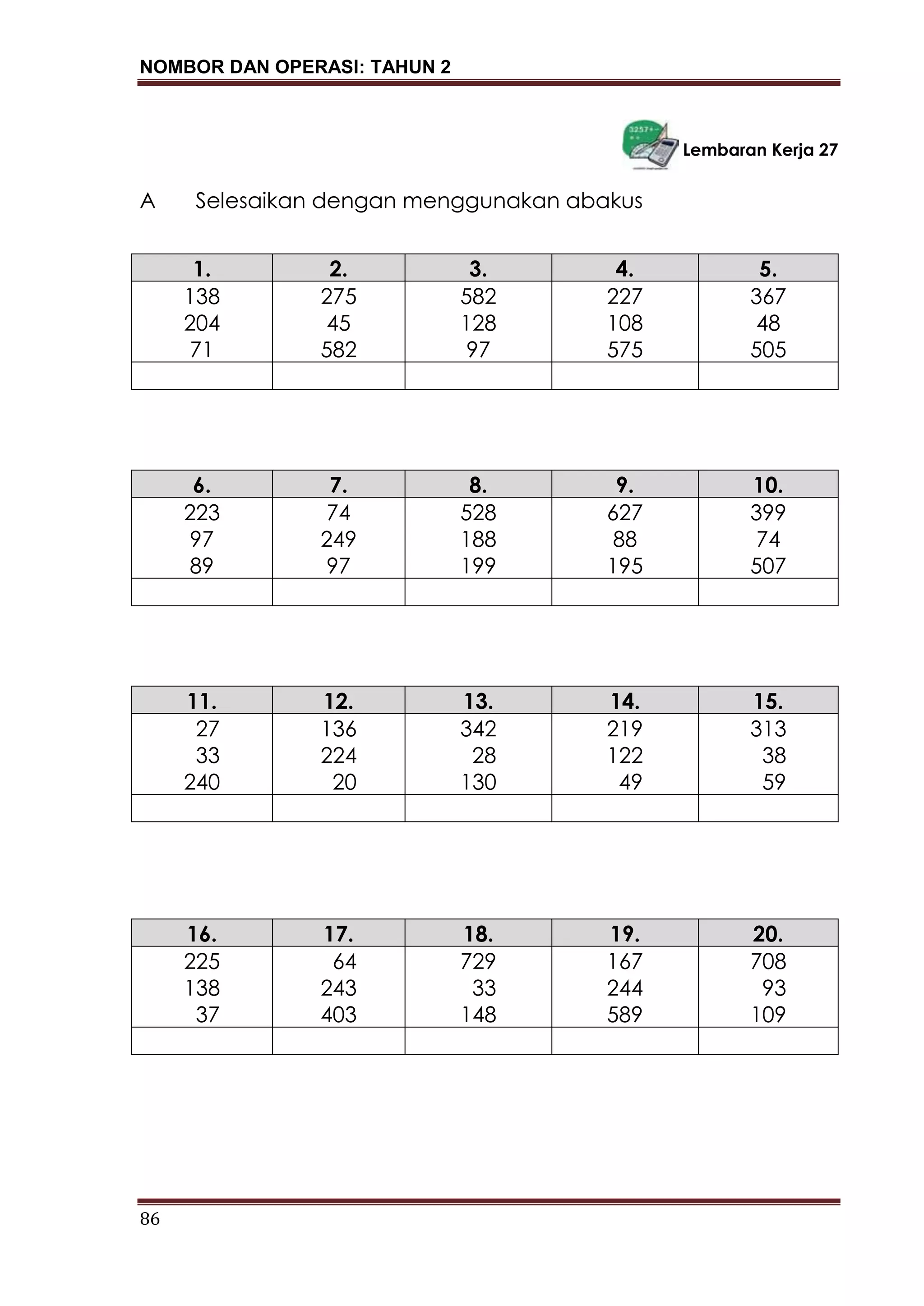 NOMBOR DAN OPERASI: TAHUN 2
86
Lembaran Kerja 27
A Selesaikan dengan menggunakan abakus
1. 2. 3. 4. 5.
138
204
71
275
45
582
582
128
97
227
108
575
367
48
505
6. 7. 8. 9. 10.
223
97
89
74
249
97
528
188
199
627
88
195
399
74
507
11. 12. 13. 14. 15.
27
33
240
136
224
20
342
28
130
219
122
49
313
38
59
16. 17. 18. 19. 20.
225
138
37
64
243
403
729
33
148
167
244
589
708
93
109
 