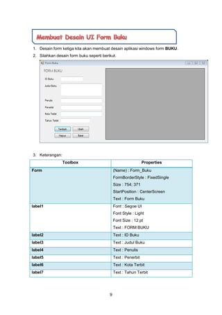 9
1. Desain form ketiga kita akan membuat desain aplikasi windows form BUKU.
2. Silahkan desain form buku seperti berikut.
3. Keterangan:
Toolbox Properties
Form (Name) : Form_Buku
FormBorderStyle : FixedSingle
Size : 754; 371
StartPosition : CenterScreen
Text : Form Buku
label1 Font : Segoe UI
Font Style : Light
Font Size : 12 pt
Text : FORM BUKU
label2 Text : ID Buku
label3 Text : Judul Buku
label4 Text : Penulis
label5 Text : Penerbit
label6 Text : Kota Terbit
label7 Text : Tahun Terbit
 