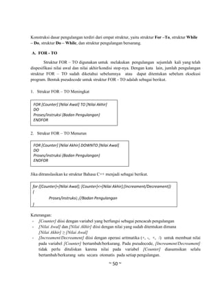 ~ 50 ~
Konstruksi dasar pengulangan terdiri dari empat struktur, yaitu struktur For –To, struktur While
– Do, struktur Do – While, dan struktur pengulangan bersarang.
A. FOR - TO
Struktur FOR – TO digunakan untuk melakukan pengulangan sejumlah kali yang telah
dispesifikasi nilai awal dan nilai akhir/kondisi stop-nya. Dengan kata lain, jumlah pengulangan
struktur FOR – TO sudah diketahui sebelumnya atau dapat ditentukan sebelum eksekusi
program. Bentuk pseudocode untuk struktur FOR - TO adalah sebagai berikut.
1. Strukur FOR – TO Meningkat
2. Strukur FOR – TO Menurun
Jika ditranslasikan ke struktur Bahasa C++ menjadi sebagai berikut.
Keterangan:
- [Counter] diisi dengan variabel yang berfungsi sebagai pencacah pengulangan
- [Nilai Awal] dan [Nilai Akhir] diisi dengan nilai yang sudah ditentukan dimana
[Nilai Akhir] ≥ [Nilai Awal]
- [Increament/Decreament] diisi dengan operasi aritmatika (+, -, ×, /) untuk membuat nilai
pada variabel [Counter] bertambah/berkurang. Pada pseudocode, [Increament/Decreament]
tidak perlu dituliskan karena nilai pada variabel [Counter] diasumsikan selalu
bertambah/berkurang satu secara otomatis pada setiap pengulangan.
FOR [Counter] [Nilai Awal] TO [Nilai Akhir]
DO
Proses/instruksi {Badan Pengulangan}
ENDFOR
FOR [Counter] [Nilai Akhir] DOWNTO [Nilai Awal]
DO
Proses/instruksi {Badan Pengulangan}
ENDFOR
for ([Counter]=[Nilai Awal]; [Counter]<=[Nilai Akhir];[Increament/Decreament])
{
Proses/instruksi; //Badan Pengulangan
}
 
