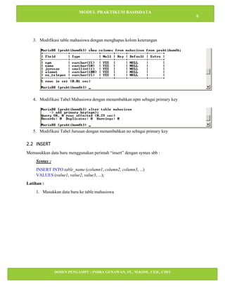 MODUL PRAKTIKUM BASISDATA
6
DOSEN PENGAMPU : INDRA GUNAWAN, ST., M.KOM., CEH., CHFI
STT IBNU SINA BATAM
3. Modifikasi table mahasiswa dengan menghapus kolom keterangan
4. Modifikasi Tabel Mahasiswa dengan menambahkan npm sebagai primary key
5. Modifikasi Tabel Jurusan dengan menambahkan no sebagai primary key
2.2 INSERT
Memasukkan data baru menggunakan perintah “insert” dengan syntax sbb :
Syntax :
INSERT INTO table_name (column1, column2, column3, ...)
VALUES (value1, value2, value3, ...);
Latihan :
1. Masukkan data baru ke table mahasiswa
 