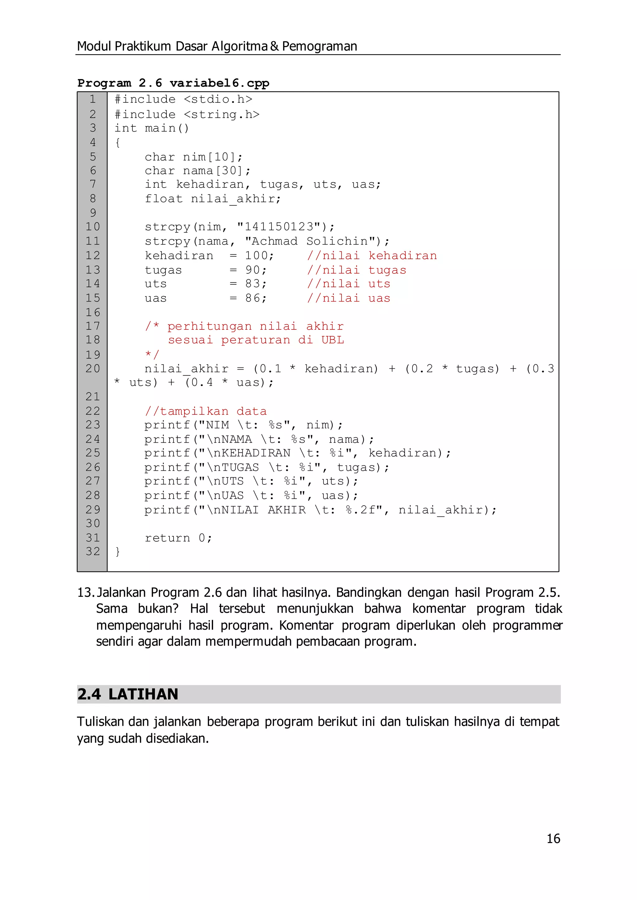 Modul praktikum dasar algoritma dan pemograman | DOCX