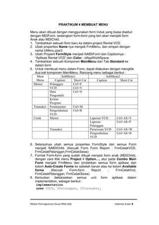Modul Pemrograman Visual-MSA-ASG Halaman 1 dari 8
PRAKTIKUM 4 MEMBUAT MENU
Menu akan dibuat dengan menggunakan form Induk yang biasa disebut
dengan MDIForm. sedangkan form-form yang lain akan menjadi form
Anak atau MDIChild.
1. Tambahkan sebuah form baru ke dalam project Rental VCD
2. Ubah properties Name nya menjadi FrmMenu, dan simpan dengan
nama UMenu.pas3.
3. Ubah Properti FormStyle menjadi fsMDIForm dan Captionnya :
“Aplikasi Rental VCD”,dan Color : clAppWorkSpace
4. Tambahkan sebuah Komponen MainMenu dari Tab Standard ke
dalam form
5. Untuk membuat menu dalam Form, dapat dilakukan dengan mengklik
dua kali komponen MainMenu. Rancang menu sebagai berikut :
Main
Menu
SubMenu1 SubMenu2
Caption Short Cut Caption Short Cut
Master Pelanggan Ctrl+P
VCD Ctrl+V
Data
Pengendali
Ctrl+N
Keluar
Program
Transaksi Peminjaman Ctrl+M
Pengembalian
VCD
Ctrl+B
Cetak Master Laporan VCD Ctrl+Alt+V
Laporan
Pelanggan
Ctrl+Alt+P
Transaksi Persewaan VCD Ctrl+Alt+W
Pengembalian
VCD
Ctrl+Alt+B
6. Selanjutnya ubah semua properties FormStyle dari semua Form
menjadi fsMDIChild. (Kecuali Form Form Report : FrmCetakVCD,
FrmCetakPelanggan,FrmCetakSewa)
7. Format Form-form yang sudah dibuat menjadi form anak (MDIChild),
dengan cara Klik menu Project > Option…, atur pada Combo Main
Form menjadi FrmMenu dan pindahkan semua form aplikasi dari
kolom Auto-Create Forms ke sebelah kanan atau ke kolom Available
forms (Kecuali Form-form Report : FrmCetakVcd,
FrmCetakPelanggan, FrmCetakSewa)
8. Kemudian deklarasikan semua unit form aplikasi dalam
implementation, sebagai berikut :
implementation
uses UVCD, UPelanggan, UTransaksi,
 