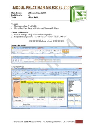 Mata Kuliah : Microsoft Excel 2007
Praktikum ke : 4
Topik : Pivot Table
Disusun oleh Teddy Marcus Zakaria – Fak.TeknologiInformasi – UK. Maranatha 1
Tujuan:
- Mampu membuat Pivot Table
- Menyajikan Pivot Table lebih informatif dan mudah dibaca
Aturan Pelaksanaan:
1. Bacalah deskripsi setiap soal di bawah dengan baik.
2. Simpan file dengan nama : Excel4-<NIK>-<Nama>-<TGBLTAUN>
Selamat bekerja 
Menu Pivot Table
Tataletak Pivot
Area KolomArea Baris Area Nilai
Report Filter
 