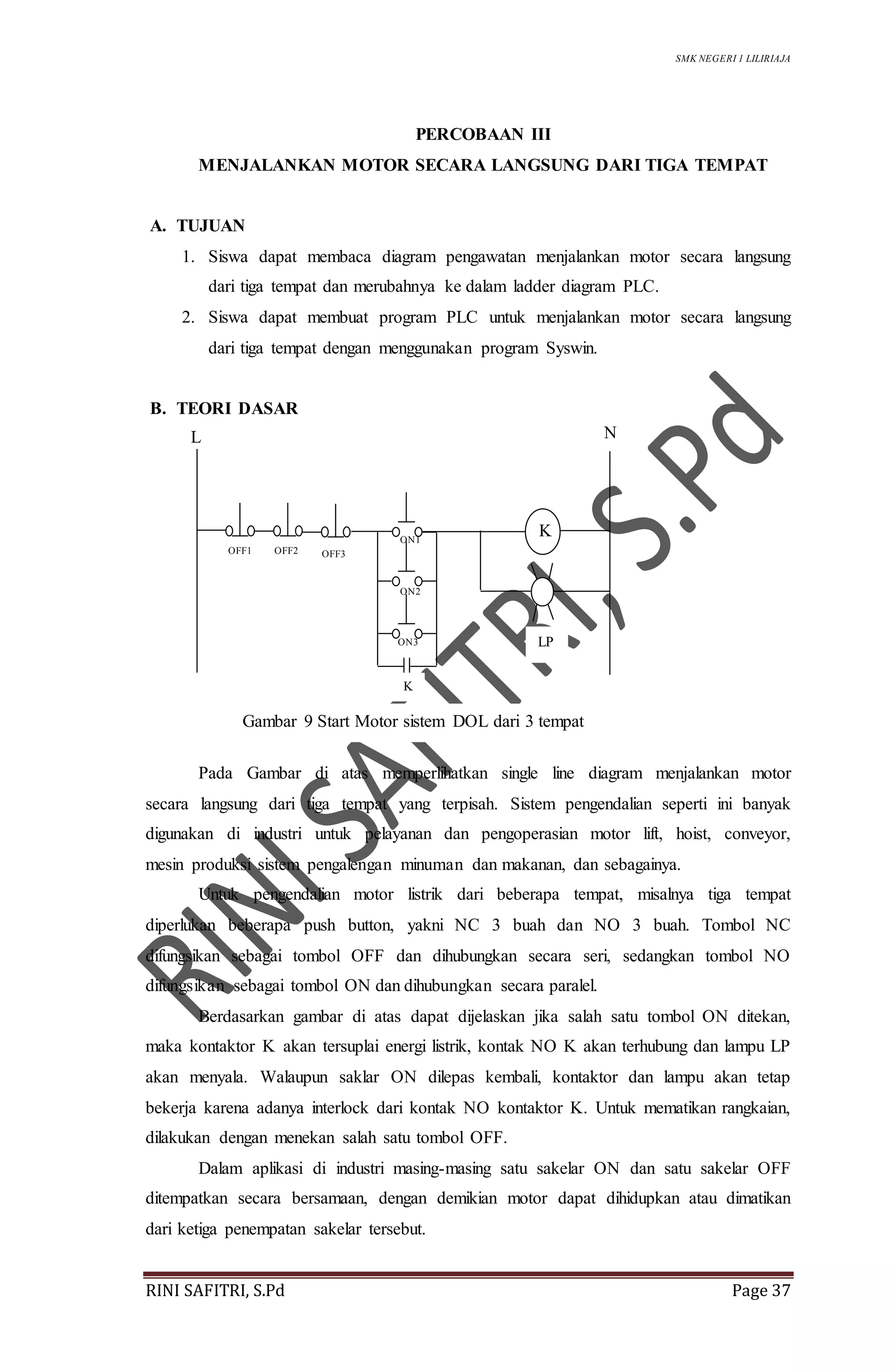 SMK NEGERI 1 LILIRIAJA
RINI SAFITRI, S.Pd Page 37
PERCOBAAN III
MENJALANKAN MOTOR SECARA LANGSUNG DARI TIGA TEMPAT
A. TUJUAN
1. Siswa dapat membaca diagram pengawatan menjalankan motor secara langsung
dari tiga tempat dan merubahnya ke dalam ladder diagram PLC.
2. Siswa dapat membuat program PLC untuk menjalankan motor secara langsung
dari tiga tempat dengan menggunakan program Syswin.
B. TEORI DASAR
Pada Gambar di atas memperlihatkan single line diagram menjalankan motor
secara langsung dari tiga tempat yang terpisah. Sistem pengendalian seperti ini banyak
digunakan di industri untuk pelayanan dan pengoperasian motor lift, hoist, conveyor,
mesin produksi sistem pengalengan minuman dan makanan, dan sebagainya.
Untuk pengendalian motor listrik dari beberapa tempat, misalnya tiga tempat
diperlukan beberapa push button, yakni NC 3 buah dan NO 3 buah. Tombol NC
difungsikan sebagai tombol OFF dan dihubungkan secara seri, sedangkan tombol NO
difungsikan sebagai tombol ON dan dihubungkan secara paralel.
Berdasarkan gambar di atas dapat dijelaskan jika salah satu tombol ON ditekan,
maka kontaktor K akan tersuplai energi listrik, kontak NO K akan terhubung dan lampu LP
akan menyala. Walaupun saklar ON dilepas kembali, kontaktor dan lampu akan tetap
bekerja karena adanya interlock dari kontak NO kontaktor K. Untuk mematikan rangkaian,
dilakukan dengan menekan salah satu tombol OFF.
Dalam aplikasi di industri masing-masing satu sakelar ON dan satu sakelar OFF
ditempatkan secara bersamaan, dengan demikian motor dapat dihidupkan atau dimatikan
dari ketiga penempatan sakelar tersebut.
Gambar 9 Start Motor sistem DOL dari 3 tempat
ON3
ON2
K
NL
ON1
LP
K
OFF1 OFF2 OFF3
 