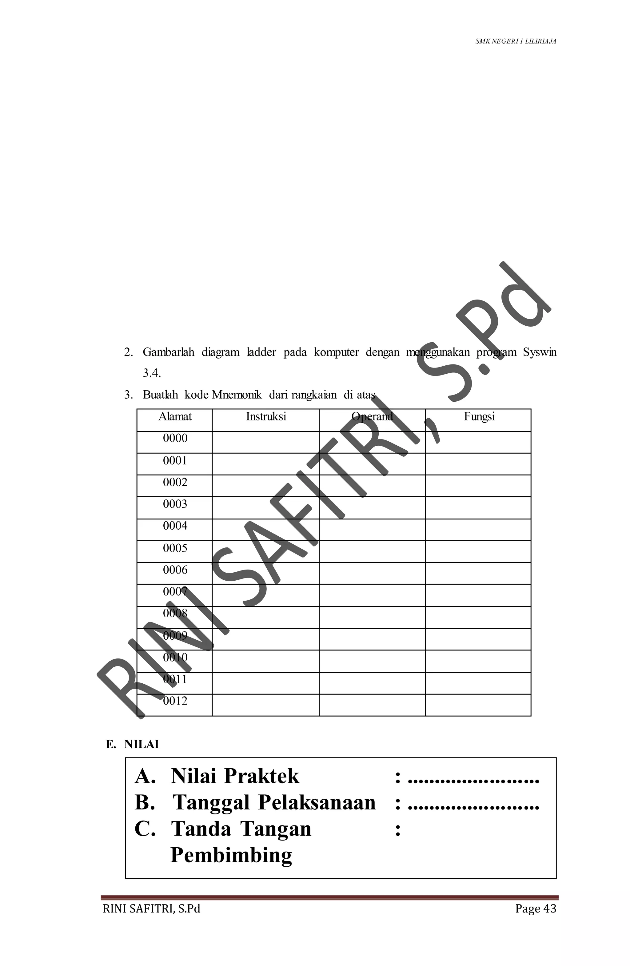 SMK NEGERI 1 LILIRIAJA
RINI SAFITRI, S.Pd Page 43
2. Gambarlah diagram ladder pada komputer dengan menggunakan program Syswin
3.4.
3. Buatlah kode Mnemonik dari rangkaian di atas
Alamat Instruksi Operand Fungsi
0000
0001
0002
0003
0004
0005
0006
0007
0008
0009
0010
0011
0012
E. NILAI
A. Nilai Praktek : ........................
B. Tanggal Pelaksanaan : ........................
C. Tanda Tangan :
Pembimbing
 
