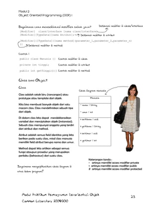 Bagaimana cara mendeklarasi modifier dalam java?

Deklarasi modifier di class/interface

[Modifier] class/interface [nama class/interface]
[Modifier][TypeData][nama Atribut];
Deklarasi modifier di atribut
[Modifier]{[TypeData]}[nama method](parameter_1,parameter_2,parameter_n)
{}

Deklarasi modifier di method

Contoh :
public class Manusia {}

Contoh modifier di class

private int tinggi;

Contoh modifier di atribut

public int getTinggi(){} Contoh modifier di method

Class dan Object
Class
Class adalah cetak biru (rancangan) atau
prototype atau template dari objek.
Kita bisa membuat banyak objek dari satu
macam class. Class mendefiniskan sebuah tipe
dari objek.
Di dalam class kita dapat mendeklarasikan
variabel dan menciptakan objek (instansiasi).
Sebuah class mempunyai anggota yang terdiri
dari atribut dan method.
Atribut adalah semua field identitas yang kita
berikan pada suatu class, misal class manusia
memiliki field atribut berupa nama dan umur.

Class diagram manusia
Manusia
- nama : String
- umur : int
+ setNama : void
+ getNama : String
+ setUmur : void
+ getUmur : int

Method dapat kita artikan sebagai semua
fungsi ataupun prosedur yang merupakan
perilaku (behaviour) dari suatu class.

Bagaimana mengaplikasikan class diagram di
atas dalam program?

Keterangan tanda :
- artinya memiliki access modifier private
+ artinya memiliki access modifier public
# artinya memiliki access modifier protected

Modul Praktikum Pemrograman Berorientasi Objek
Common Laboratory 2009/2010

23

 