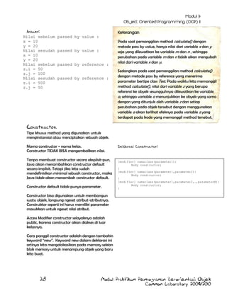 Answer:
Nilai sebelum
x = 10
y = 20
Nilai sesudah
x = 10
y = 20
Nilai sebelum
z.i = 50
z.j = 100
Nilai sesudah
z.i = 500
z.j = 50

Keterangan

passed by value :
passed by value :
passed by reference :
passed by reference :

Pada saat pemanggilan method calculate() dengan
metode pass by value, hanya nilai dari variable x dan y
saja yang dilewatkan ke variable m dan n , sehingga
perubahan pada variable m dan n tidak akan mengubah
nilai dari variable x dan y.
Sedangkan pada saat pemanggilan method calculate()
dengan metode pass by reference yang menerima
parameter bertipe class Test. Pada waktu kita memanggil
method calculate(), nilai dari variable z yang berupa
referensi ke obyek sesungguhnya dilewatkan ke variable
a, sehingga variable a menunjukkan ke obyek yang sama
dengan yang ditunjuk oleh variable z dan setiap
perubahan pada objek tersebut dengan menggunakan
variable a akan terlihat efeknya pada variable z yang
terdapat pada kode yang memanggil method tersebut.

Constructor

Tipe khusus method yang digunakan untuk
menginstansiai atau menciptakan sebuah objek.
Nama constructor = nama kelas.
Constructor TIDAK BISA mengembalikan nilai.
Tanpa membuat constructor secara eksplisit-pun,
Java akan menambahkan constructor default
secara implisit. Tetapi jika kita sudah
mendefinisikan minimal sebuah constructor, maka
Java tidak akan menambah constructor default.
Constructor default tidak punya parameter.

Deklarasi Constructor:

[modifier] namaclass(parameter1){
Body constructor;
}
[modifier] namaclass(parameter1,parameter2){
Body constructor;
}
[modifier] namaclass(parameter1,parameter2,…,parameterN){
Body constructor;
}

Constructor bisa digunakan untuk membangun
suatu objek, langsung ngeset atribut-atributnya.
Construktor seperti ini harus memiliki parameter
masukkan untuk ngeset nilai atribut.
Access Modifier constructor selayaknya adalah
public, karena constructor akan diakses di luar
kelasnya.
Cara panggil constructor adalah dengan tambahin
keyword “new”. Keyword new dalam deklarasi ini
artinya kita mengalokasikan pada memory sekian
blok memory untuk menampung objek yang baru
kita buat.

28

Modul Praktikum Pemrograman Berorientasi Objek
Common Laboratory 2009/2010

 