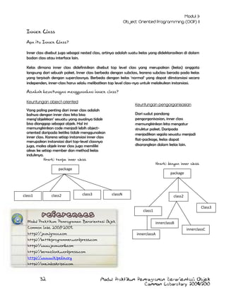 Inner Class
Apa itu Inner Class?
Inner class disebut juga sebagai nested class, artinya adalah suatu kelas yang dideklarasikan di dalam
bodan class atau interface lain.
Kelas dimana inner class didefinisikan disebut top level class yang merupakan (kelas) anggota
langsung dari sebuah paket. Inner class berbeda dengan subclass, karena subclass berada pada kelas
yang terpisah dengan superclassnya. Berbeda dengan kelas „normal‟ yang dapat diinstansiasi secara
independen, inner-class harus selalu melibatkan top level class-nya untuk melakukan instansiasi.

Adakah keuntungan menggunakan inner class?
Keuntungan object-oriented

Keuntungan pengorganisasian

Yang paling penting dari inner class adalah
bahwa dengan inner class kita bisa
meng‟objekkan‟ sesuatu yang awalnya tidak
bisa dianggap sebagai objek. Hal ini
memungkinkan code menjadi lebih objectoriented daripada ketika tidak menggunakan
inner class. Karena setiap instansiasi inner class
merupakan instansiasi dari top-level classnya
juga, maka objek inner class juga memiliki
akses ke setiap member dan method kelas
induknya.
Hirarki tanpa inner class

Dari sudut pandang
pengorganisasian, inner class
memungkinkan kita mengatur
struktur paket. Daripada
menjadikan segala sesuatu menjadi
flat-package, kelas dapat
disarangkan dalam kelas lain.

Hirarki dengan inner class

package
package

class1

class2

class3

classN

class2
Class3

class1
Modul Praktikum Pemrograman Berorientasi Objek
Common Labz 2008-2009.
http://java.lyracc.com
http://battleprogrammer.wordpress.com
http://www.javaworld.com
http://bernazlionk.wordpress.com
http://www.wikipedia.org
http://one.indoskripsi.com

32

innerclassB
innerclassC
innerclassA

Modul Praktikum Pemrograman Berorientasi Objek
Common Laboratory 2009/2010

 