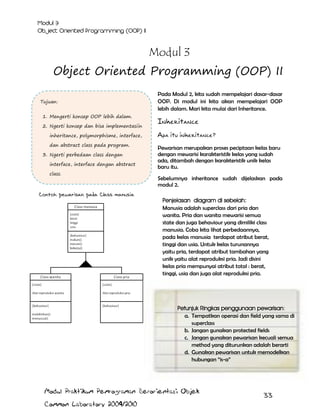 Modul 3
Object Oriented Programming (OOP) II
Tujuan:
1. Mengerti konsep OOP lebih dalam.
2. Ngerti konsep dan bisa implementasiin
inheritance, polymorphisme, interface,
dan abstract class pada program.
3. Ngerti perbedaan class dengan
interface, interface dengan abstract
class.

Contoh pewarisan pada Class manusia

Pada Modul 2, kita sudah mempelajari dasar-dasar
OOP. Di modul ini kita akan mempelajari OOP
lebih dalam. Mari kita mulai dari Inheritance.

Inheritance
Apa itu inheritance?
Pewarisan merupakan proses peciptaan kelas baru
dengan mewarisi karakteristik kelas yang sudah
ada, ditambah dengan karakteristik unik kelas
baru itu.
Sebelumnya inheritance sudah dijelaskan pada
modul 2.
Penjelasan diagram di sebelah:
Manusia adalah superclass dari pria dan
wanita. Pria dan wanita mewarisi semua
state dan juga behaviour yang dimiliki class
manusia. Coba kita lihat perbedaannya,
pada kelas manusia terdapat atribut berat,
tinggi dan usia. Untuk kelas turunannya
yaitu pria, terdapat atribut tambahan yang
unik yaitu alat reproduksi pria. Jadi disini
kelas pria mempunyai atribut total : berat,
tinggi, usia dan juga alat reproduksi pria.

Petunjuk Ringkas penggunaan pewarisan:
a. Tempatkan operasi dan field yang sama di
superclass
b. Jangan gunakan protected fields
c. Jangan gunakan pewarisan kecuali semua
method yang diturunkan adalah berarti
d. Gunakan pewarisan untuk memodelkan
hubungan “is-a”

Modul Praktikum Pemrograman Berorientasi Objek
Common Laboratory 2009/2010

33

 