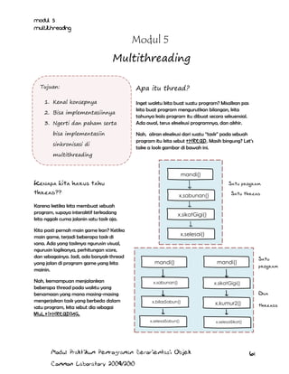 Modul 5
Multithreading

Modul 5
Multithreading
Tujuan:
1. Kenal konsepnya
2. Bisa implementasiinnya
3. Ngerti dan paham serta
bisa implementasiin
sinkronisasi di
multithreading

Apa itu thread?
Inget waktu kita buat suatu program? Misalkan pas
kita buat program mengurutkan bilangan, kita
tahunya kalo program itu dibuat secara sekuensial.
Ada awal, terus eksekusi programnya, dan akhir.
Nah, aliran eksekusi dari suatu “task” pada sebuah
program itu kita sebut thread. Masih bingung? Let‟s
take a look gambar di bawah ini.

mandi()

Kenapa kita harus tahu
thread??

Satu program
x.sabunan()

Karena ketika kita membuat sebuah
program, supaya interaktif terkadang
kita nggak cuma jalanin satu task aja.
Kita pasti pernah main game kan? Ketika
main game, terjadi beberapa task di
sana. Ada yang tasknya ngurusin visual,
ngurusin logikanya, perhitungan score,
dan sebagainya. Jadi, ada banyak thread
yang jalan di program game yang kita
mainin.
Nah, kemampuan menjalankan
beberapa thread pada waktu yang
bersamaan yang mana masing-masing
mengerjakan task yang berbeda dalam
satu program, kita sebut dia sebagai
multithreading.

x.sikatGigi()

x.selesai()

mandi()

x.sabunan()

Satu
program

mandi()

x.sikatGigi()

Dua
x.bilasSabun()

x.selesaiSabun()

Modul Praktikum Pemrograman Berorientasi Objek
Common Laboratory 2009/2010

Satu thread

x.kumur2()

threads

x.selesaiSikat()

61

 
