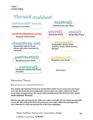 Modul 5
Multithreading

Mengubah nama thread.

Apakah thread masih hidup?

Menjalankan thread.

Menghentikan thread.

Mengubah prioritas thread

Menghentikan aktivitas thread
selama waktu dalam parameter (in
milisecond).

Mengetahui prioritas thread.

Menjalankan aktivitas thread yang
tersuspend.

Menghentikan aktivitas thread
sementara sampai method resume( )
dipanggil.

Mengetahui nama thread.

Dan lain-lain….

Sinkronisasi Thread
Kenapa harus ada sinkronisasi thread?
Kalo misalnya ada beberapa thread yang membutuhkan sebuah resource yang sama, nah supaya
cuma ada satu thread aja yang menggunakan resource dalam satu waktu maka butuh sebuah
aturan dalam pengaksesannya. Nah, aturan dalam pengaksesannya kita kenal kemudian sebagai
sinkronisasi thread.
Misalnya saja pada saat penulisan file, dalam satu waktu cuma boleh ada satu thread aja yang boleh
menulisi file. Kalo misalnya file ditulisi secara bersama-sama maka isi filenya bisa jadi ngga valid
nanti. Maka dari itu, pada saat penulisan file ini kita butuh sinkronisasi.

Modul Praktikum Pemrograman Berorientasi Objek
Common Laboratory 2009/2010

67

 