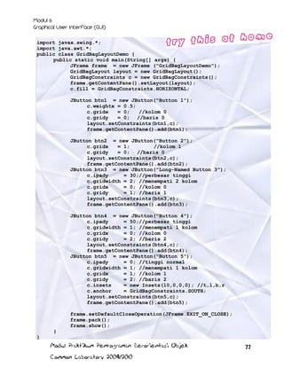 import javax.swing.*;
import java.awt.*;
public class GridBagLayoutDemo {
public static void main(String[] args) {
JFrame frame = new JFrame ("GridBagLayoutDemo");
GridBagLayout layout = new GridBagLayout();
GridBagConstraints c = new GridBagConstraints();
frame.getContentPane().setLayout(layout);
c.fill = GridBagConstraints.HORIZONTAL;
JButton btn1 = new JButton("Button 1");
c.weightx = 0.5;
c.gridx
= 0;
//kolom 0
c.gridy
= 0; //baris 0
layout.setConstraints(btn1,c);
frame.getContentPane().add(btn1);
JButton btn2 = new JButton("Button 2");
c.gridx
= 1;
//kolom 1
c.gridy
= 0; //baris 0
layout.setConstraints(btn2,c);
frame.getContentPane().add(btn2);
JButton btn3 = new JButton("Long-Named Button 3");
c.ipady
= 30;//perbesar tinggi
c.gridwidth = 2; //menempati 2 kolom
c.gridx
= 0; //kolom 0
c.gridy
= 1; //baris 1
layout.setConstraints(btn3,c);
frame.getContentPane().add(btn3);
JButton btn4 = new JButton("Button 4");
c.ipady
= 50;//perbesar tinggi
c.gridwidth = 1; //menempati 1 kolom
c.gridx
= 0; //kolom 0
c.gridy
= 2; //baris 2
layout.setConstraints(btn4,c);
frame.getContentPane().add(btn4);
JButton btn5 = new JButton("Button 5");
c.ipady
= 0; //tinggi normal
c.gridwidth = 1; //menempati 1 kolom
c.gridx
= 1; //kolom 1
c.gridy
= 2; //baris 2
c.insets
= new Insets(10,0,0,0); //t,l,b,r
c.anchor
= GridBagConstraints.SOUTH;
layout.setConstraints(btn5,c);
frame.getContentPane().add(btn5);
frame.setDefaultCloseOperation(JFrame.EXIT_ON_CLOSE);
frame.pack();
frame.show();
}
}
Modul Praktikum Pemrograman Berorientasi Objek
c.gridy
= 2; //baris 2
Common Laboratory 2009/2010
c.insets
= new Insets(10,0,0,0); //t,l,b,r

77

 