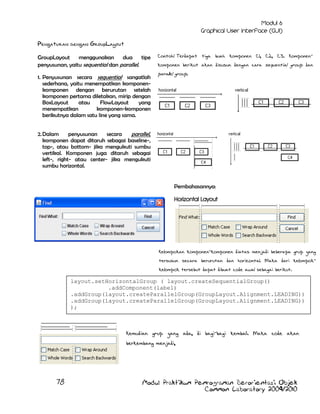 Pengaturan dengan GroupLayout
GroupLayout
menggunakan
dua
tipe
penyusunan, yaitu sequential dan parallel.
1. Penyusunan secara sequential sangatlah
sederhana, yaitu menempatkan komponenkomponen dengan berurutan setelah
komponen pertama diletakan, mirip dengan
BoxLayout
atau
FlowLayout
yang
menempatkan
komponen-komponen
berikutnya dalam satu line yang sama.

Contoh: Terdapat tiga buah komponen C1, C2, C3. Komponenkomponen berikut akan disusun dengan cara sequential group dan

parallel group.

2. Dalam
penyusunan
secara
parallel,
komponen dapat ditaruh sebagai baseline-,
top-, atau bottom- jika mengukuti sumbu
vertikal. Komponen juga ditaruh sebagai
left-, right- atau center- jika mengukuti
sumbu horizontal.
Pembahasannya:
Horizontal Layout

Kelompokan komponen-komponen diatas menjadi beberapa grup yang
tersusun secara berurutan dan horizontal. Maka dari kelompokkelompok tersebut dapat dibuat code awal sebagai berikut.

layout.setHorizontalGroup ( layout.createSequentialGroup()
.addComponent(label)
.addGroup(layout.createParallelGroup(GroupLayout.Alignment.LEADING))
.addGroup(layout.createParallelGroup(GroupLayout.Alignment.LEADING))
);

Kemudian grup yang ada, di bagi-bagi kembali. Maka code akan
berkembang menjadi,

78

Modul Praktikum Pemrograman Berorientasi Objek
Common Laboratory 2009/2010

 