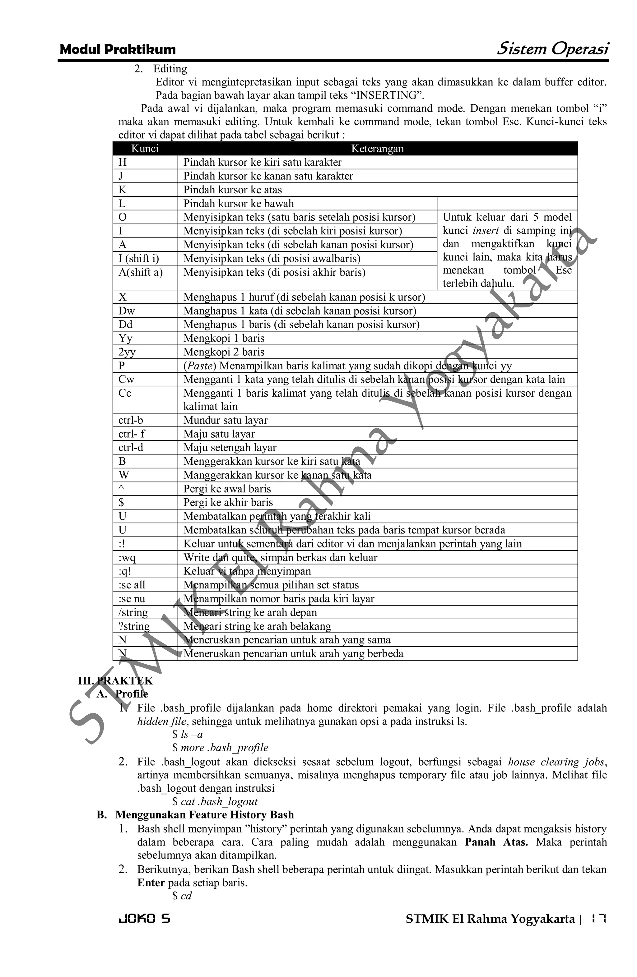 Modul Praktikum Sistem Operasi 
Joko S STMIK El Rahma Yogyakarta | 17 
2. Editing 
Editor vi mengintepretasikan input sebagai teks yang akan dimasukkan ke dalam buffer editor. Pada bagian bawah layar akan tampil teks ―INSERTING‖. Pada awal vi dijalankan, maka program memasuki command mode. Dengan menekan tombol ―i‖ maka akan memasuki editing. Untuk kembali ke command mode, tekan tombol Esc. Kunci-kunci teks editor vi dapat dilihat pada tabel sebagai berikut : Kunci Keterangan 
H 
Pindah kursor ke kiri satu karakter 
J 
Pindah kursor ke kanan satu karakter 
K 
Pindah kursor ke atas 
L 
Pindah kursor ke bawah 
O 
Menyisipkan teks (satu baris setelah posisi kursor) 
Untuk keluar dari 5 model kunci insert di samping ini dan mengaktifkan kunci kunci lain, maka kita harus menekan tombol Esc terlebih dahulu. 
I 
Menyisipkan teks (di sebelah kiri posisi kursor) 
A 
Menyisipkan teks (di sebelah kanan posisi kursor) 
I (shift i) 
Menyisipkan teks (di posisi awalbaris) 
A(shift a) 
Menyisipkan teks (di posisi akhir baris) 
X 
Menghapus 1 huruf (di sebelah kanan posisi k ursor) 
Dw 
Manghapus 1 kata (di sebelah kanan posisi kursor) 
Dd 
Menghapus 1 baris (di sebelah kanan posisi kursor) 
Yy 
Mengkopi 1 baris 
2yy 
Mengkopi 2 baris 
P 
(Paste) Menampilkan baris kalimat yang sudah dikopi dengan kunci yy 
Cw 
Mengganti 1 kata yang telah ditulis di sebelah kanan posisi kursor dengan kata lain 
Cc 
Mengganti 1 baris kalimat yang telah ditulis di sebelah kanan posisi kursor dengan kalimat lain 
ctrl-b 
Mundur satu layar 
ctrl- f 
Maju satu layar 
ctrl-d 
Maju setengah layar 
B 
Menggerakkan kursor ke kiri satu kata 
W 
Manggerakkan kursor ke kanan satu kata 
^ 
Pergi ke awal baris 
$ 
Pergi ke akhir baris 
U 
Membatalkan perintah yang terakhir kali 
U 
Membatalkan seluruh perubahan teks pada baris tempat kursor berada 
:! 
Keluar untuk sementara dari editor vi dan menjalankan perintah yang lain 
:wq 
Write dan quite, simpan berkas dan keluar 
:q! 
Keluar vi tanpa menyimpan 
:se all 
Menampilkan semua pilihan set status 
:se nu 
Menampilkan nomor baris pada kiri layar 
/string 
Mencari string ke arah depan 
?string 
Mencari string ke arah belakang 
N 
Meneruskan pencarian untuk arah yang sama 
N 
Meneruskan pencarian untuk arah yang berbeda 
III. PRAKTEK 
A. Profile 
1. File .bash_profile dijalankan pada home direktori pemakai yang login. File .bash_profile adalah hidden file, sehingga untuk melihatnya gunakan opsi a pada instruksi ls. 
$ ls –a $ more .bash_profile 
2. File .bash_logout akan diekseksi sesaat sebelum logout, berfungsi sebagai house clearing jobs, artinya membersihkan semuanya, misalnya menghapus temporary file atau job lainnya. Melihat file .bash_logout dengan instruksi 
$ cat .bash_logout 
B. Menggunakan Feature History Bash 
1. Bash shell menyimpan ‖history‖ perintah yang digunakan sebelumnya. Anda dapat mengaksis history dalam beberapa cara. Cara paling mudah adalah menggunakan Panah Atas. Maka perintah sebelumnya akan ditampilkan. 
2. Berikutnya, berikan Bash shell beberapa perintah untuk diingat. Masukkan perintah berikut dan tekan Enter pada setiap baris. 
$ cd  