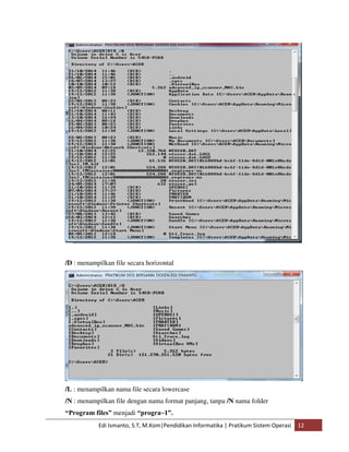 /D : menampilkan file secara horizontal 
/L : menampilkan nama file secara lowercase 
/N : menampilkan file dengan nama format panjang, tanpa /N nama folder 
“Program files” menjadi “progra~1”. 
Edi Ismanto, S.T, M.Kom|Pendidikan Informatika | Pratikum Sistem Operasi 12 
 