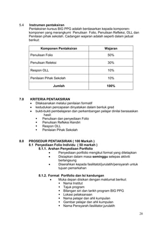 28
5.4 Instrumen pentaksiran
Pentaksiran kursus BIG PPG adalah berdasarkan kepada komponen-
komponen yang merangkumi Penulisan Folio, Penulisan Refleksi, OLL dan
Penilaian pihak sekolah. Cadangan wajaran adalah seperti dalam jadual
berikut:
Komponen Pentaksiran Wajaran
Penulisan Folio 50%
Penulisan Releksi 30%
Respon OLL 10%
Penilaian Pihak Sekolah 10%
Jumlah 100%
7.0 KRITERIA PENTAKSIRAN
 Dilaksanakan melalui penilaian formatif
 kedudukan pencapaian dinyatakan dalam bentuk gred
 bukti-bukti pembelajaran dan perkembangan pelajar dinilai berasaskan
hasil:
 Penulisan dan penyediaan Folio
 Penulisan Refleksi Kendiri
 Respon OLL
 Penilaian Pihak Sekolah
8.0 PROSEDUR PENTAKSIRAN ( 100 Markah )
8.1 Penyediaan Folio Individu ( 50 markah )
8.1.1. Arahan Penyediaan Portfolio
 Penyediaan portfolio mengikut format yang ditetapkan
 Disiapkan dalam masa seminggu selepas aktiviti
berlangsung
 Diserahkan kepada fasilitatot/jurulatih/pensyarah untuk
tujuan pemarkahan
8.1.2. Format Portfolio dan Isi kandungan
 Muka depan diisikan dengan maklumat berikut:
 Nama Institut
 Tajuk program
 Bilangan siri dan tarikh program BIG PPG
 Lokasi pelaksanaan
 Nama pelajar dan ahli kumpulan
 Gambar pelajar dan ahli kumpulan
 Nama Pensyarah.fasilitator.jurulatih
 