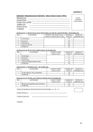 36
LAMPIRAN A
BORANG PEMARKAHAN INDIVIDU BINA INSAN GURU (PPG)
PROGRAM : _____________________________________________
SEMESTER : _____________________________________________
NAMA PELAJAR : ________________________________________
AMBILAN : __________________________________________
PENGAJIAN : ___________________________________________
TARIKH : ___________________________________________
BAHAGIAN A: PENULISAN DAN PENYEDIAAN FOLIO AKTIVITI BIG (50 MARKAH)
BIL KATEGORI TEMPAT PELAKSANAAN
FASILITATOR/JURULATIH
MARKAH
PENUH
MARKAH
DIPEROLEHI
1 Kandungan 10
2 Kreativiti 10
3 Kekemasan 10
4 Laporan Aktiviti 20
JUMLAH 50
BAHAGIAN B: PENULISAN REFLEKSI (30 MARKAH)
BIL KATEGORI FASILITATOR/
JURULATIH
MARKAH
PENUH
MARKAH
DIPEROLEHI
1 Kandungan 5
2 Kreativiti 5
3 Kekemasan 5
4 Laporan Refleksi/Bahan Bukti 15
JUMLAH 30
BAHAGIAN C: RESPON OLL (10 MARKAH)
BIL KATEGORI FASILITATOR/
JURULATIH
MARKAH
PENUH
MARKAH
DIPEROLEHI
1 Isi Kandungan idea/ pandangan 10
JUMLAH 10
BAHAGIAN D: PENILAIAN PIHAK SEKOLAH (10 MARKAH)
BIL KATEGORI FASILITATOR/
JURULATIH
MARKAH
PENUH
MARKAH
DIPEROLEHI
1 Rumusan penglibatan dan komitmen 10
JUMLAH 10
JUMLAH MARKAH KESELURUHAN KATEGORI ( A + B + C )
NAMA PENILAI : -----------------------------------------------------------------------
TANDATANGAN : --------------------------------------------------------------------
TARIKH:
LETAK
GAMBAR
ANDA DISINI
 