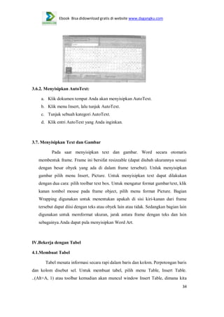 Ebook Bisa didownload gratis di website www.dagangku.com

3.6.2. Menyisipkan AutoText:
a. Klik dokumen tempat Anda akan menyisipkan AutoText.
b. Klik menu Insert, lalu tunjuk AutoText.
c. Tunjuk sebuah kategori AutoText.
d. Klik entri AutoText yang Anda inginkan.

3.7. Menyisipkan Text dan Gambar
Pada saat menyisipkan text dan gambar. Word secara otomatis
membentuk frame. Frame ini bersifat resizeable (dapat diubah ukurannya sesuai
dengan besar obyek yang ada di dalam frame tersebut). Unluk menyisipkan
gambar pilih menu Insert, Picture. Untuk menyisipkan text dapat dilakukan
dengan dua cara: pilih toolbar text box. Untuk mengatur format gambar/text, klik
kanan tombol mouse pada frame object, pilih menu format Picture. Bagian
Wrapping digunakan untuk menentukan apakah di sisi kiri-kanan dari frame
tersebut dapat diisi dengan teks atau obyek lain atau tidak. Sedangkan bagian lain
digunakan untuk memformat ukuran, jarak antara frame dengan teks dan lain
sebagainya.Anda dapat pula menyisipkan Word Art.

IV.Bekerja dengan Tabel
4.1.Membuat Tabel
Tabel menata informasi secara rapi dalam baris dan kolom. Perpotongan baris
dan kolom disebut sel. Untuk membuat tabel, pilih menu Table, Insert Table.
..(Alt+A, 1) atau toolbar kemudian akan muncul window Insert Table, dimana kita
34

 