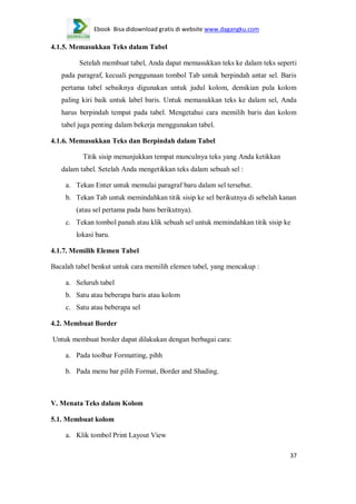 Ebook Bisa didownload gratis di website www.dagangku.com

4.1.5. Memasukkan Teks dalam Tabel
Setelah membuat tabel, Anda dapat memasukkan teks ke dalam teks seperti
pada paragraf, kecuali penggunaan tombol Tab untuk berpindah antar sel. Baris
pertama tabel sebaiknya digunakan untuk judul kolom, demikian pula kolom
paling kiri baik untuk label baris. Untuk memasukkan teks ke dalam sel, Anda
harus berpindah tempat pada tabel. Mengetahui cara memilih baris dan kolom
tabel juga penting dalam bekerja menggunakan tabel.
4.1.6. Memasukkan Teks dan Berpindah dalam Tabel
Titik sisip menunjukkan tempat munculnya teks yang Anda ketikkan
dalam tabel. Setelah Anda mengetikkan teks dalam sebuah sel :
a. Tekan Enter untuk memulai paragraf baru dalam sel tersebut.
b. Tekan Tab untuk memindahkan titik sisip ke sel berikutnya di sebelah kanan
(atau sel pertama pada bans berikutnya).
c. Tekan tombol panah atau klik sebuah sel untuk memindahkan titik sisip ke
lokasi baru.
4.1.7. Memilih Elemen Tabel
Bacalah tabel benkut untuk cara memilih elemen tabel, yang mencakup :
a. Seluruh tabel
b. Satu atau beberapa baris atau kolom
c. Satu atau beberapa sel
4.2. Membuat Border
Untuk membuat border dapat dilakukan dengan berbagai cara:
a. Pada toolbar Formatting, pihh
b. Pada menu bar pilih Format, Border and Shading.

V. Menata Teks dalam Kolom
5.1. Membuat kolom
a. Klik tombol Print Layout View
37

 