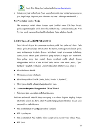 Ebook Bisa didownload gratis di website www.dagangku.com

Untuk mencetak lembar kerja Anda secara horisontal atau vertikal gunakan menu
File, Page Setup, Page dan pilih salah satu option ( Landscape atau Portrait ).
5.2. Pencetakan Lembar Kerja
Jika semuanya sudah diatur dengan tepat (melalui menu File,Page Setup),
gunakan perintah Print untuk mencetak lembar kerja. Gunakan menu File, Print
Preview untuk menampilkan hasil lembar kerja Anda sebelum dicetak.

6. GRAFIK dan DIAGRAM PADA EXCEL
Excel dikenal dengan kecepatannya membuat grafik data pada worksheet. Pada
intinya grafik Excel dapat dibuat dalam dua bentuk, bentuk pertama adalah grafik
yang kelihatannya terpisah dengan worksheet, tetapi sebenarnya terhubung.
Bentuk kedua adalah grafik embedded yang merupakan bagian dari worksheet.
Cara paling cepat dan mudah dalam membuat grafik adalah dengan
menggunakan fasilitas Chart Wizard pada toolbar atau menu Insert, Chart.
Terdapat 4 langkah pembuatan Grafik berdasarkan data tabel pada Excel :
Memilih bentuk Grafik.
Memasukkan range tabel data
Memilih spesifikasi Grafik (Series, Judul, Sumbu Y, Sumbu X)
Menyimpan Grafik sebagai obyek atau sheet baru.
6.1. Membuat Diagram Menggunakan Chart Wizard
Pilih range data yang akan Anda buat diagram.
Pastikan Anda telah memilih range data yang akan dibuat diagram lengkap dengan
label-label kolom dan baris. Chart Wizard menginginkan informasi ini dan akan
memasukkan pada diagram.
Klik tombol Chart Wizard pada toolbar Standard.
Klik tipe diagram.
Klik tombol Click And Hold To View Sample untuk mempreview pilihan Anda.
Klik Next.
62

 
