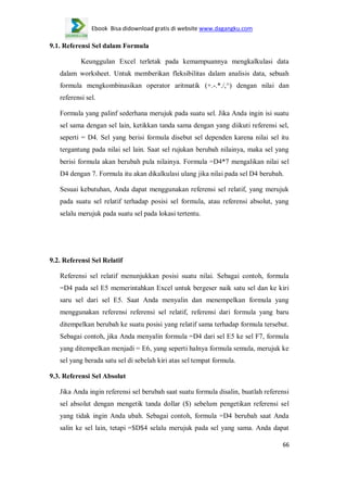 Ebook Bisa didownload gratis di website www.dagangku.com

9.1. Referensi Sel dalam Formula
Keunggulan Excel terletak pada kemampuannya mengkalkulasi data
dalam worksheet. Untuk memberikan fleksibilitas dalam analisis data, sebuah
formula mengkombinasikan operator aritmatik (+.-.*./,^) dengan nilai dan
referensi sel.
Formula yang palinf sederhana merujuk pada suatu sel. Jika Anda ingin isi suatu
sel sama dengan sel lain, ketikkan tanda sama dengan yang diikuti referensi sel,
seperti = D4. Sel yang berisi formula disebut sel dependen karena nilai sel itu
tergantung pada nilai sel lain. Saat sel rujukan berubah nilainya, maka sel yang
berisi formula akan berubah pula nilainya. Formula =D4*7 mengalikan nilai sel
D4 dengan 7. Formula itu akan dikalkulasi ulang jika nilai pada sel D4 berubah.
Sesuai kebutuhan, Anda dapat menggunakan referensi sel relatif, yang merujuk
pada suatu sel relatif terhadap posisi sel formula, atau referensi absolut, yang
selalu merujuk pada suatu sel pada lokasi tertentu.

9.2. Referensi Sel Relatif
Referensi sel relatif menunjukkan posisi suatu nilai. Sebagai contoh, formula
=D4 pada sel E5 memerintahkan Excel untuk bergeser naik satu sel dan ke kiri
saru sel dari sel E5. Saat Anda menyalin dan menempelkan formula yang
menggunakan referensi referensi sel relatif, referensi dari formula yang baru
ditempelkan berubah ke suatu posisi yang relatif sama terhadap formula tersebut.
Sebagai contoh, jika Anda menyalin formula =D4 dari sel E5 ke sel F7, formula
yang ditempelkan menjadi = E6, yang seperti halnya formula semula, merujuk ke
sel yang berada satu sel di sebelah kiri atas sel tempat formula.
9.3. Referensi Sel Absolut
Jika Anda ingin referensi sel berubah saat suatu formula disalin, buatlah referensi
sel absolut dengan mengetik tanda dollar ($) sebelum pengetikan referensi sel
yang tidak ingin Anda ubah. Sebagai contoh, formula =D4 berubah saat Anda
salin ke sel lain, tetapi =$D$4 selalu merujuk pada sel yang sama. Anda dapat
66

 