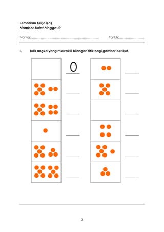 Lembaran Kerja I(a)
Nombor Bulat hingga I0

Nama:……………………………………………………..                          Tarikh:…………………..



I.   Tulis angka yang mewakili bilangan titik bagi gambar berikut.




                             0




                                    3
 