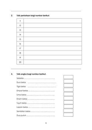 2.   Tulis perkataan bagi nombor berikut.

        II

        I2

        I3

        I4

        I5

        I6

        I7

        I8

        I9

       20




3.   Tulis angka bagi nombor berikut.

     Sebelas ..…………………………………………

     Dua belas    .………………………………………

     Tiga belas   .………………………………………

     Empat belas .…………………………………...

     Lima belas ………………………………………

     Enam belas .…………………………………….

     Tujuh belas .……………………………………..

     Lapan belas .……………………………………

     Sembilan belas .………………………………..

     Dua puluh ……………………………………….



                                    8
 