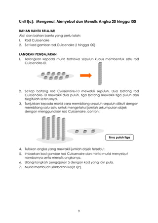 Unit I(c): Mengenal, Menyebut dan Menulis Angka 20 hingga I00

BAHAN BANTU BELAJAR
Alat dan bahan bantu yang perlu ialah:
I. Rod Cuissenaire
2. Set kad gambar rod Cuissenaire (I hingga I00)

LANGKAH PENGAJARAN
I. Terangkan kepada murid bahawa sepuluh kubus membentuk satu rod
   Cuissenaire-I0.




2. Setiap batang rod Cuissenaire-10 mewakili sepuluh. Dua batang rod
   Cuissenaire-10 mewakili dua puluh, tiga batang mewakili tiga puluh dan
   begitulah seterusnya.
3. Tunjukkan kepada murid cara membilang sepuluh-sepuluh diikuti dengan
   membilang satu-satu untuk mengetahui jumlah sekumpulan objek
   dengan menggunakan rod Cuissenaire, contoh:




                                                      lima puluh tiga


4. Tuliskan angka yang mewakili jumlah objek tersebut.
5. Imbaskan kad gambar rod Cuissenaire dan minta murid menyebut
   nombornya serta menulis angkanya.
6. Ulangi langkah pengajaran 5 dengan kad yang lain pula.
7. Murid membuat Lembaran Kerja I(c).




                                     9
 