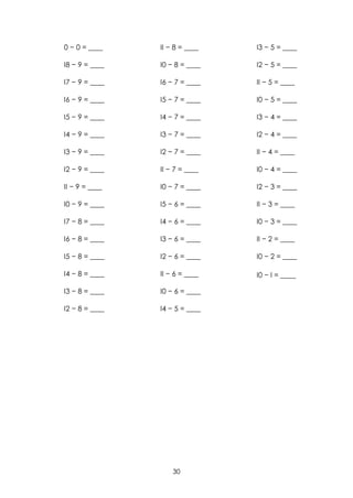 0 − 0 = ____    II − 8 = ____   I3 − 5 = ____

I8 − 9 = ____   I0 − 8 = ____   I2 − 5 = ____

I7 − 9 = ____   I6 − 7 = ____   II − 5 = ____

I6 − 9 = ____   I5 − 7 = ____   I0 − 5 = ____

I5 − 9 = ____   I4 − 7 = ____   I3 − 4 = ____

I4 − 9 = ____   I3 − 7 = ____   I2 − 4 = ____

I3 − 9 = ____   I2 − 7 = ____   II − 4 = ____

I2 − 9 = ____   II − 7 = ____   I0 − 4 = ____

II − 9 = ____   I0 − 7 = ____   I2 − 3 = ____

I0 − 9 = ____   I5 − 6 = ____   II − 3 = ____

I7 − 8 = ____   I4 − 6 = ____   I0 − 3 = ____

I6 − 8 = ____   I3 − 6 = ____   II − 2 = ____

I5 − 8 = ____   I2 − 6 = ____   I0 − 2 = ____

I4 − 8 = ____   II − 6 = ____   I0 − I = ____

I3 − 8 = ____   I0 − 6 = ____

I2 − 8 = ____   I4 − 5 = ____




                    30
 