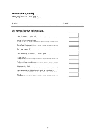 Lembaran Kerja 4(b)
Mengingat Nombor hingga I000


Nama : ………………………………………………………                    Tarikh: ………………….


Tulis nombor berikut dalam angka.

     Seratus lima puluh dua………………………….

     Dua ratus lima belas…………………………….

     Seratus tiga puluh………………………………..

     Empat ratus tiga………………………………….

     Sembilan ratus dua puluh tujuh……………….

     Tiga ratus…………………………………………..

     Tujuh ratus sembilan……………………………..

     Lima ratus lima……………………………………

     Sembilan ratus sembilan puluh sembilan……

     Seribu……………………………………………….




                                    34
 