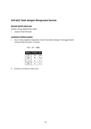 Unit 6(b): Tolak dengan Mengumpul Semula

BAHAN BANTU BELAJAR
Alatan yang diperlukan ialah:
I. Jadual nilai tempat.

LANGKAH PENGAJARAN
I. Guru menunjukkan kepada murid menolak dengan menggunakan
   Jadual Nilai Tempat. Contoh:

                   734 − 69 = 665

                   Ratus Puluh Sa
                    6      12       14
                    7      3        4
               –           6        9
                    6      6        5

2.   Edarkan Lembaran Kerja 6(a).




                                         45
 