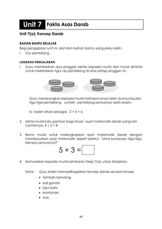Unit 7        Fakta Asas Darab
Unit 7(a): Konsep Darab

BAHAN BANTU BELAJAR
Bagi pengajaran unit ini, alat dan bahan bantu yang perlu ialah:
I. Cip pembilang

LANGKAH PENGAJARAN
I.   Guru memberikan dua pinggan kertas kepada murid dan murid diminta
     untuk meletakkan tiga cip pembilang di atas setiap pinggan itu




       Guru menerangkan kepada murid bahawa ianya ialah dua kumpulan
       tiga-tiga pembilang. Jumlah pembilang semuanya ialah enam.

       Ia boleh ditulis sebagai: 2 × 3 = 6.

2. Minta murid lukis gambar bagi situasi ayat matematik darab yang lain
   contohnya, 4 × 2 = 8

3. Bantu murid untuk melengkapkan ayat matematik darab dengan
   membacakan ayat matematik seperti berikut, “Lima kumpulan tiga-tiga,
   berapa semuanya?”

                           5×3=
4. Kemukakan kepada murid Lembaran Kerja 7(a) untuk disiapkan.


     Nota:   Guru boleh mempelbagaikan konsep darab secara konsep:
              tambah berulang
                kali ganda
                lajur baris
                kombinasi
                luas




                                        49
 