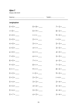 Ujian 7
Masa: 30 minit

Nama:…………………………………………………        Tarikh:……………………..


Lengkapkan

0 × 0 = ____     0 × 8 = ____           7 × 2 = ____

I × 0 = ____     0 × 9 = ____           8 × 2 = ____

2 × 0 = ____     I × I = ____           9 × 2 = ____

3 × 0 = ____     2 × I = ____           I × 3 = ____

4 × 0 = ____     3 × I = ____           2 × 3 = ____

5 × 0 = ____     4 × I = ____           3 × 3 = ____

6 × 0 = ____     5 × I = ____           4 × 3 = ____

7 × 0 = ____     6 × I = ____           5 × 3 = ____

8 × 0 = ____     7 × I = ____           6 × 3 = ____

9 × 0 = ____     8 × I = ____           7 × 3 = ____

0 × I = ____     9 × I = ____           8 × 3 = ____

0 × 2 = ____     I × 2 = ____           9 × 3 = ____

0 × 3 = ____     2 × 2 = ____           I × 4 = ____

0 × 4 = ____     3 × 2 = ____           2 × 4 = ____

0 × 5 = ____     4 × 2 = ____           3 × 4 = ____

0 × 6 = ____     5 × 2 = ____           4 × 4 = ____

0 × 7 = ____     6 × 2 = ____           5 × 4 = ____



                        55
 
