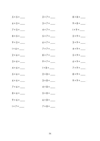 5 × 5 = ____   2 × 7 = ____   8 × 8 = ____

6 × 5 = ____   3 × 7 = ____   9 × 8 = ____

7 × 5 = ____   4 × 7 = ____   I × 9 = ____

8 × 5 = ____   5 × 7 = ____   2 × 9 = ____

9 × 5 = ____   6 × 7 = ____   3 × 9 = ____

I × 6 = ____   7 × 7 = ____   4 × 9 = ____

2 × 6 = ____   8 × 7 = ____   5 × 9 = ____

3 × 6 = ____   9 × 7 = ____   6 × 9 = ____

4 × 6 = ____   I × 8 = ____   7 × 9 = ____

5 × 6 = ____   2 × 8 = ____   8 × 9 = ____

6 × 6 = ____   3 × 8 = ____   9 × 9 = ____

7 × 6 = ____   4 × 8 = ____

8 × 6 = ____   5 × 8 = ____

9 × 6 = ____   6 × 8 = ____

I × 7 = ____   7 × 8 = ____




                     56
 